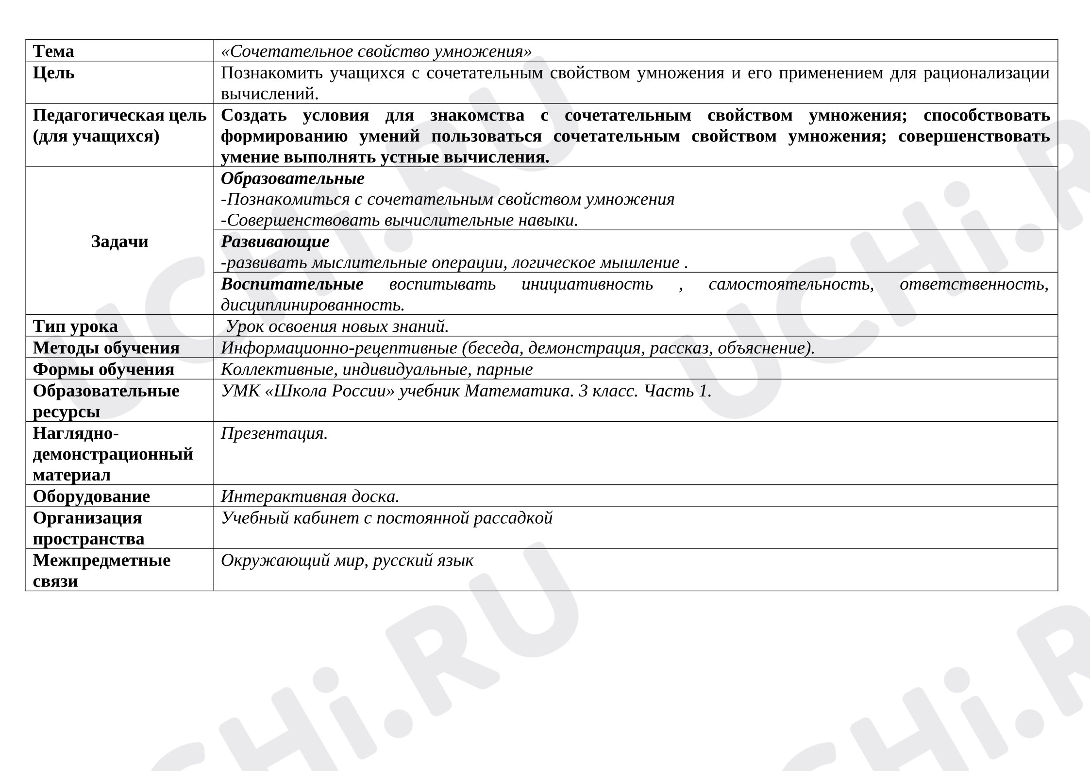 Предпросмотр материала Технологическая карта урока математики «Сочетательное свойство умножения».