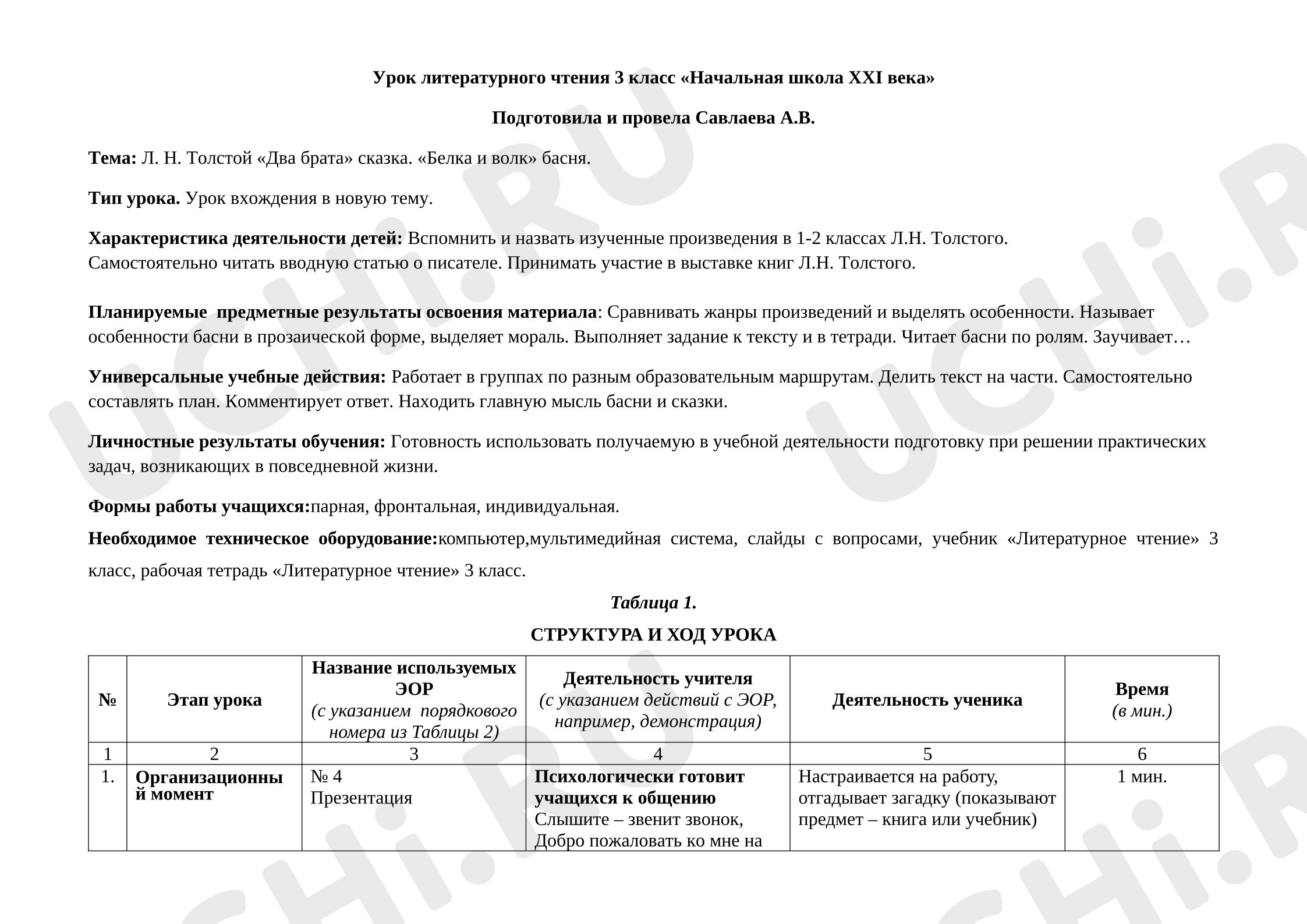 Предпросмотр материала Конспект урока на тему «Л. Н. Толстой "Два брата" сказка. "Белка и волк" басня».