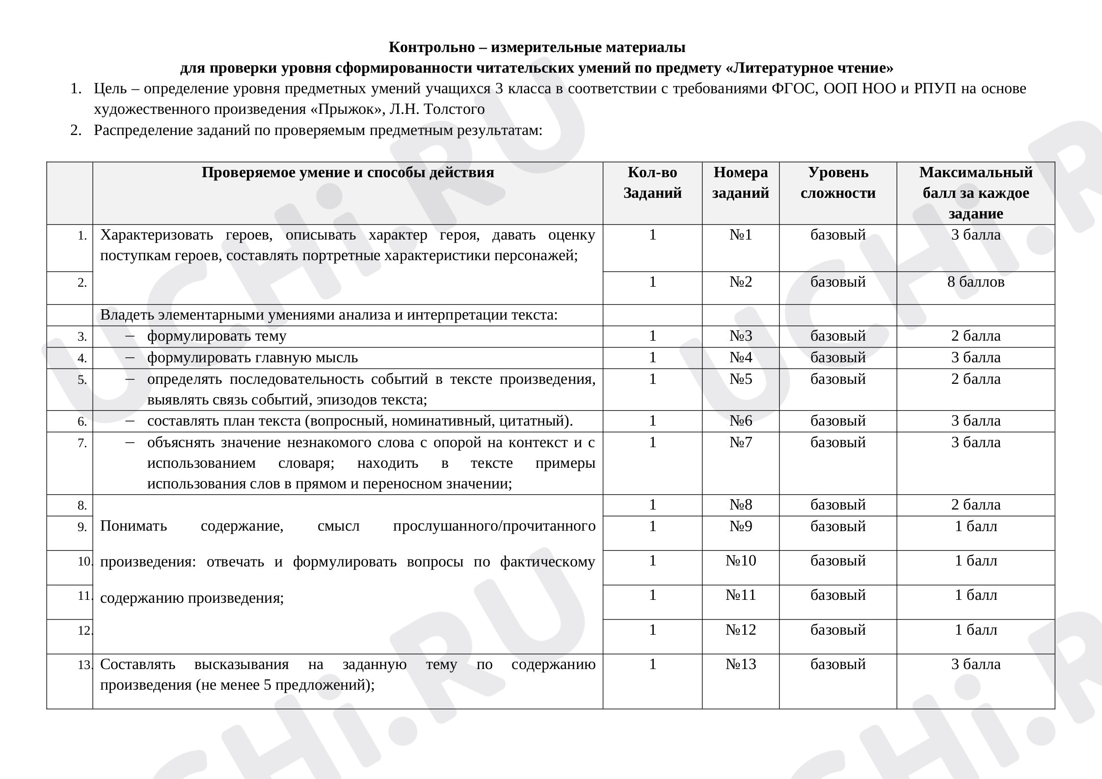 Предпросмотр материала Тест для проверки уровня сформированности читательских умений