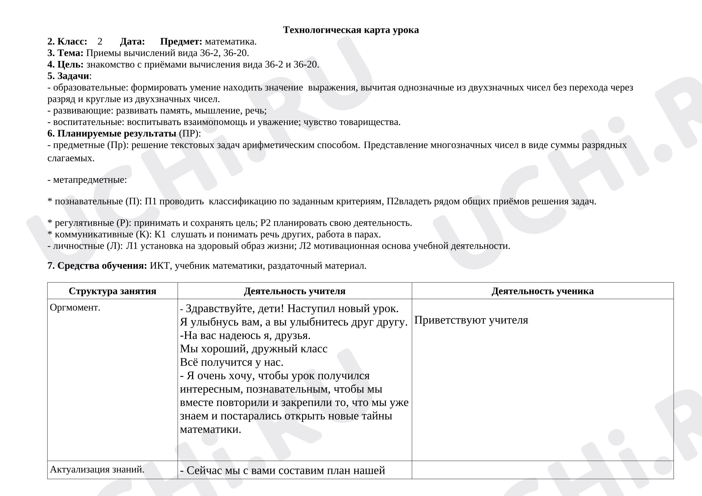 Предпросмотр материала Технологическая карта урока. Приемы вычислений вида 36-2, 36-20.