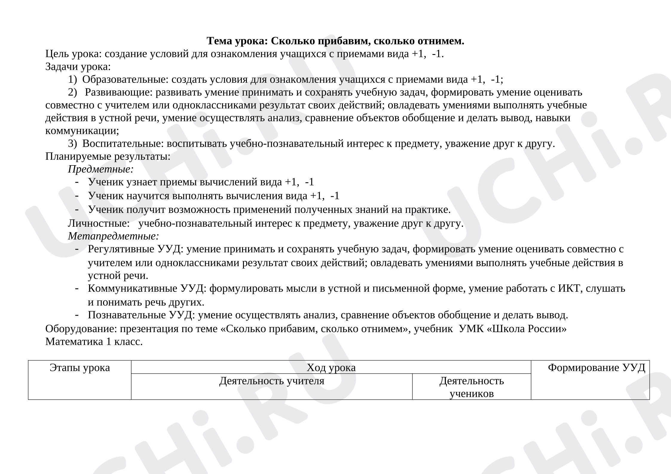 Предпросмотр материала Конспект урока математики по теме: Сколько прибавим, сколько отнимем