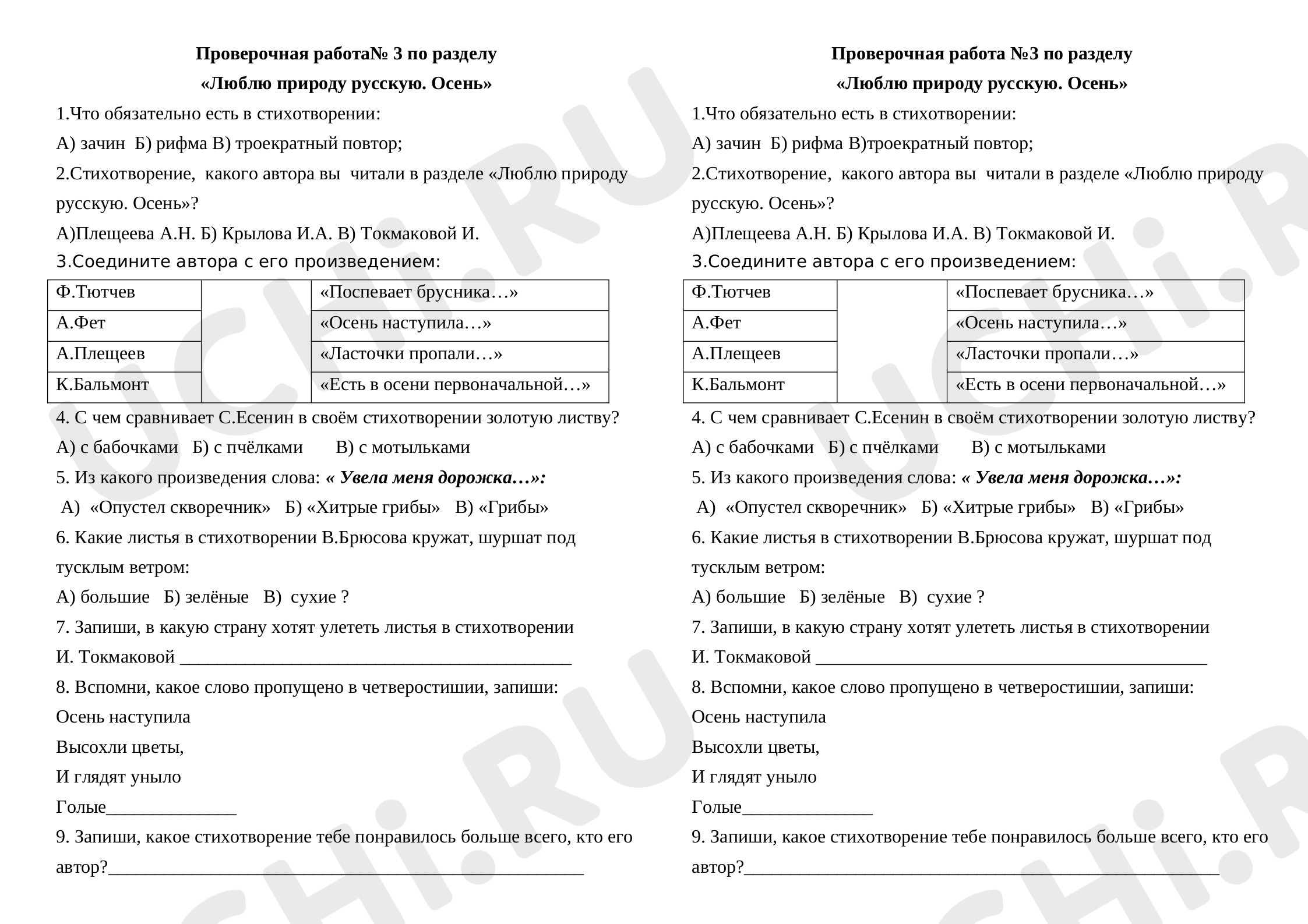 Предпросмотр материала Проверочная работа к уроку литературного чтения по разделу Осень.