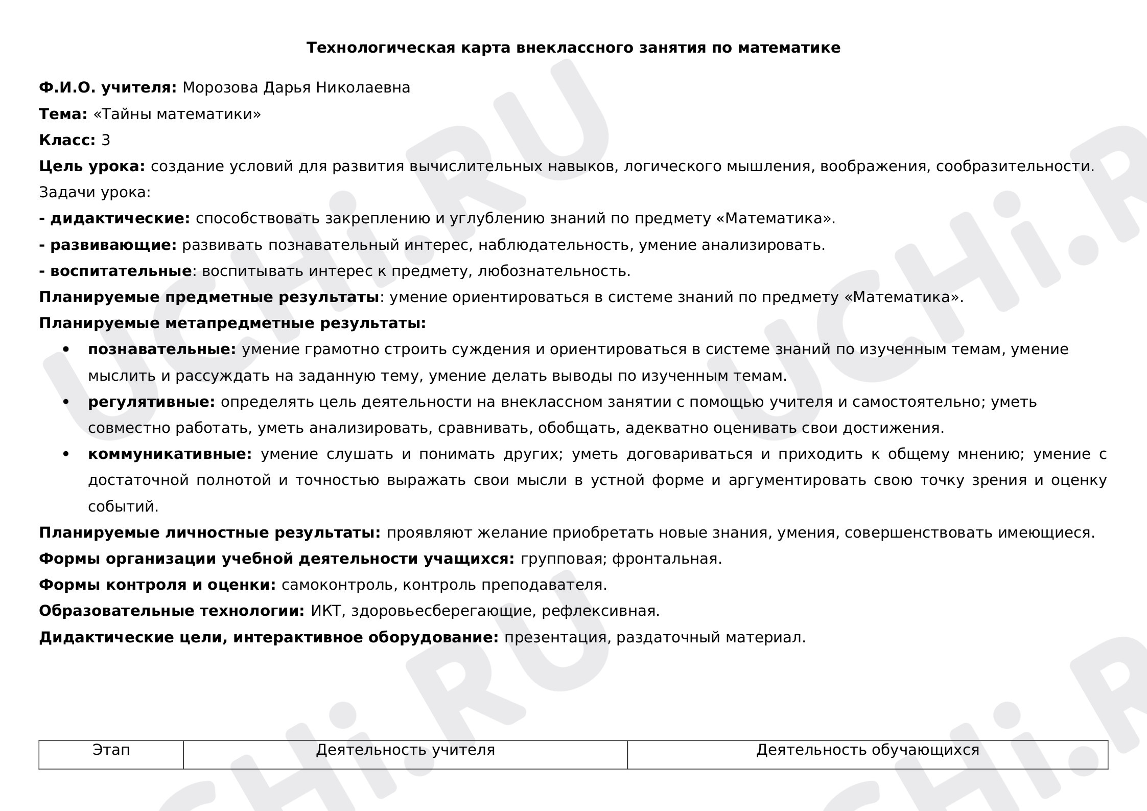 Предпросмотр материала Технологическая карта внеклассного занятия по математике "Тайны математики"
