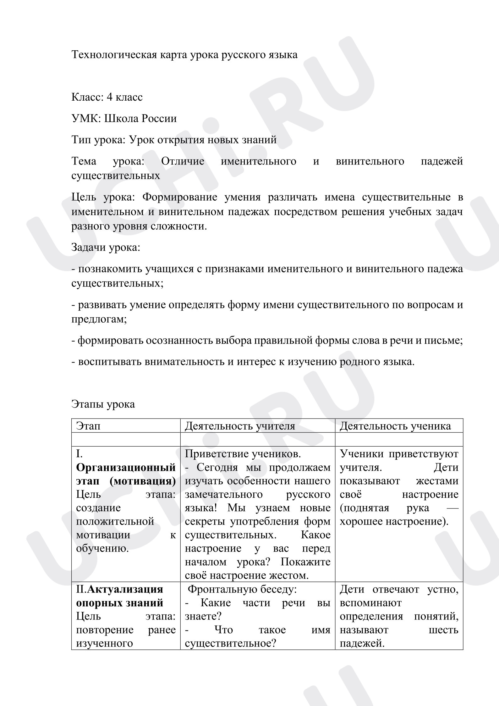Предпросмотр материала Технологическая карта урока русского языка. Отличие именительного и винительного падежей.