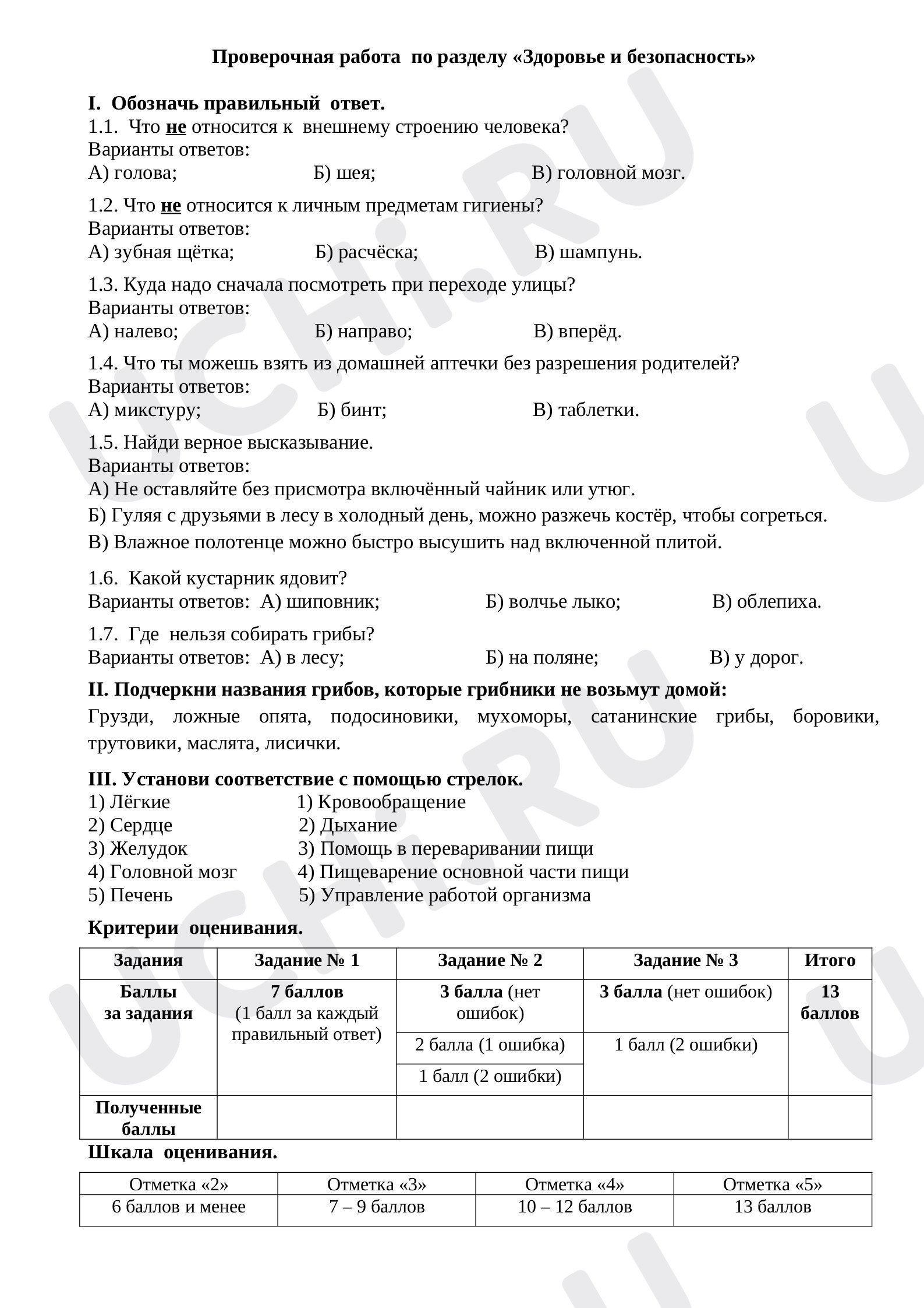 Предпросмотр материала Проверочная работа  по разделу «Здоровье и безопасность»