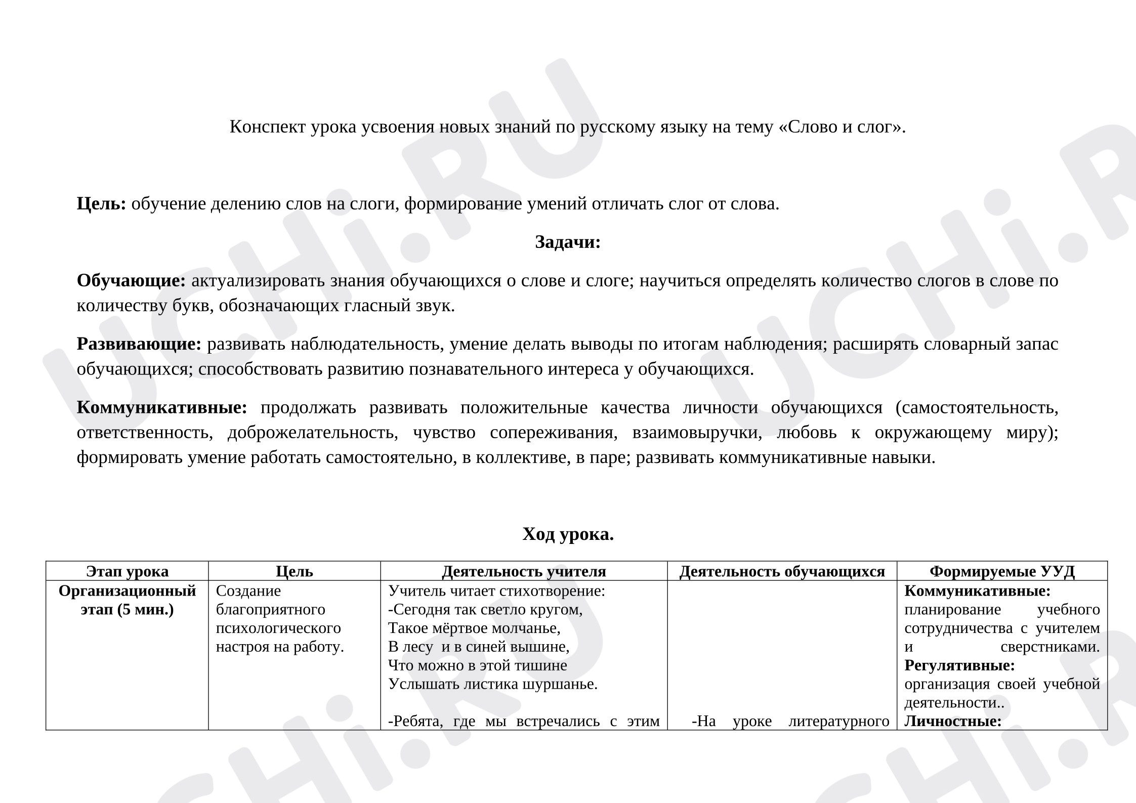 Предпросмотр материала Конспект урока усвоения новых знаний по русскому языку на тему «Слово и слог».