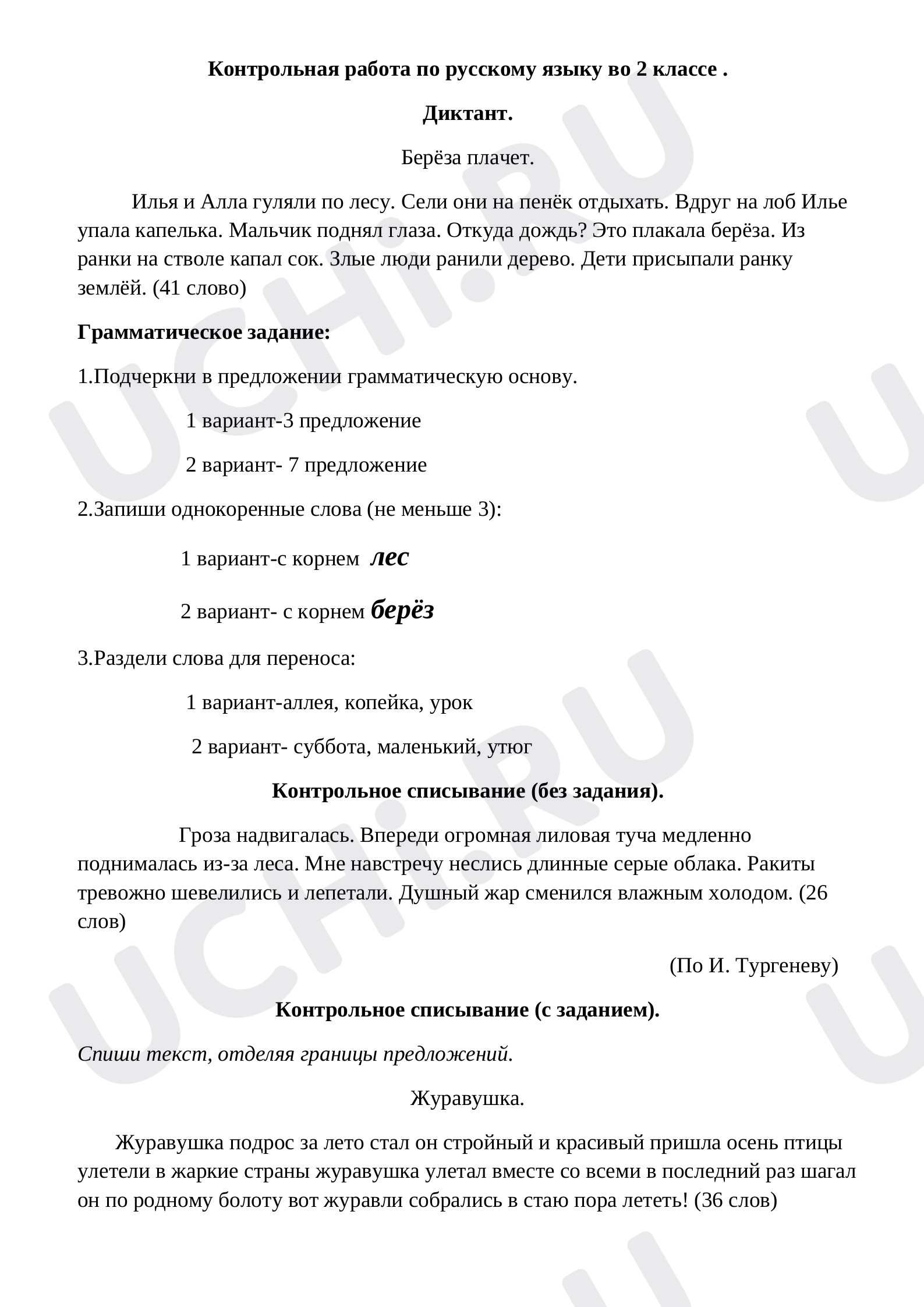 Предпросмотр материала Контрольная работа по русскому языку во 2 классе