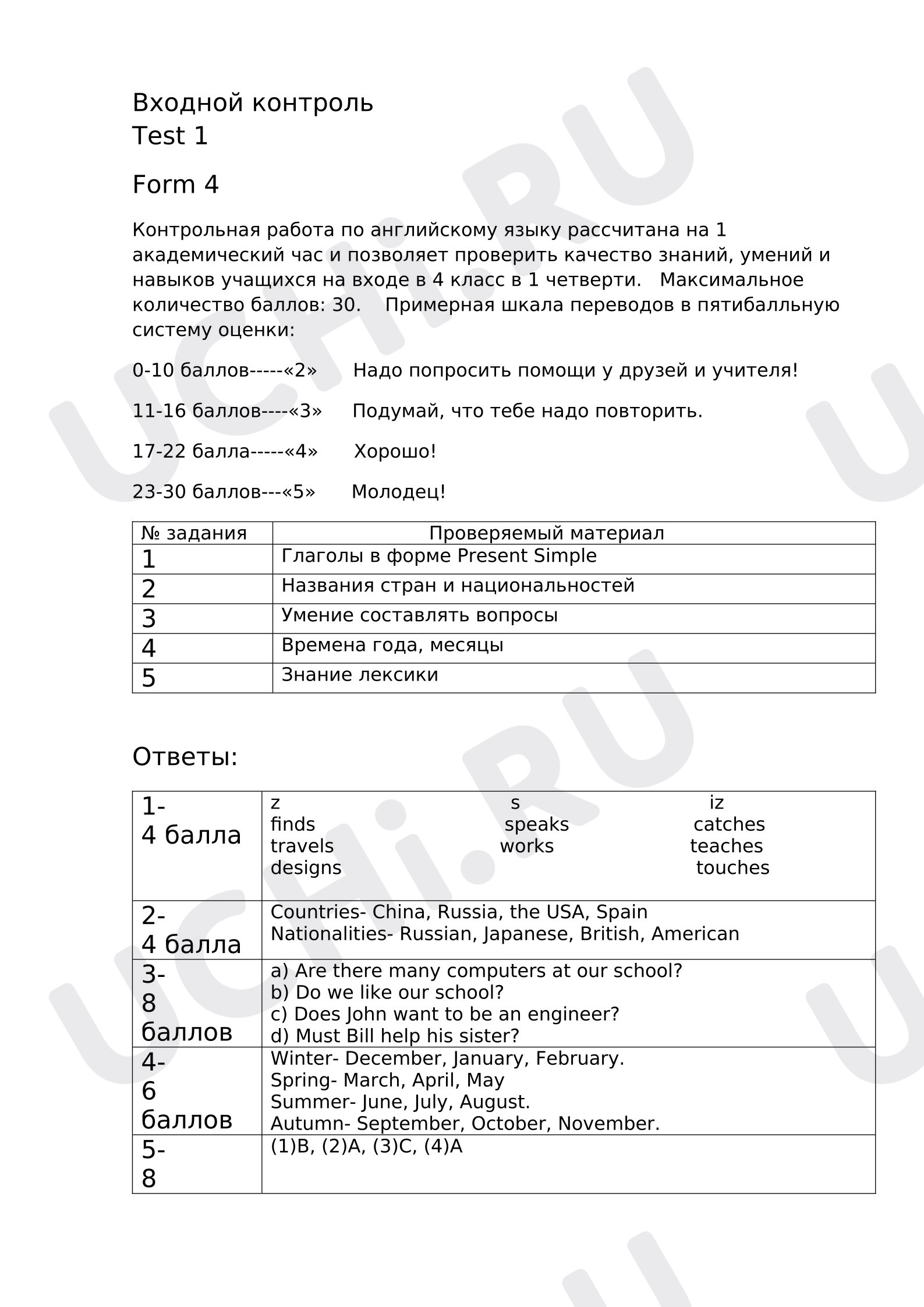 Предпросмотр материала Английский язык Входящий контроль Теst 1