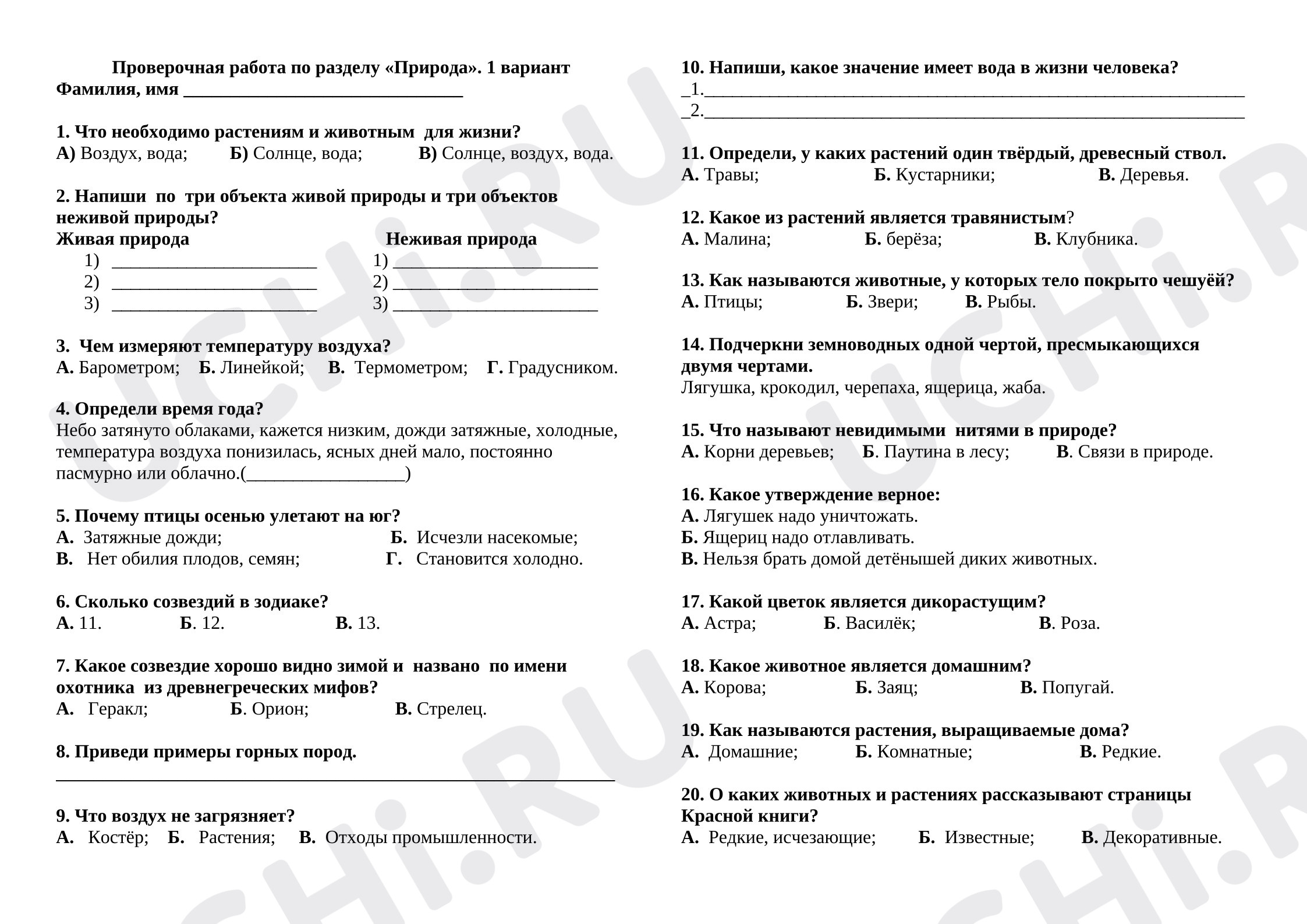 Предпросмотр материала Проверочная работа по окружающему миру по разделу «Природа»