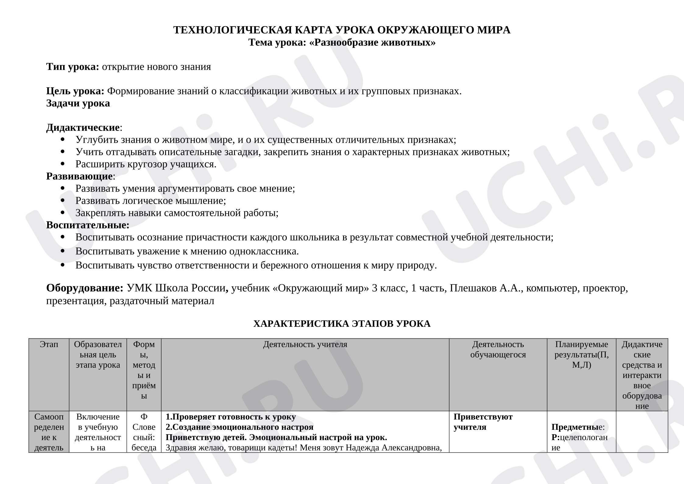 Предпросмотр материала План урока по окружающему миру 3 класс, тема урока «Разнообразие животных»