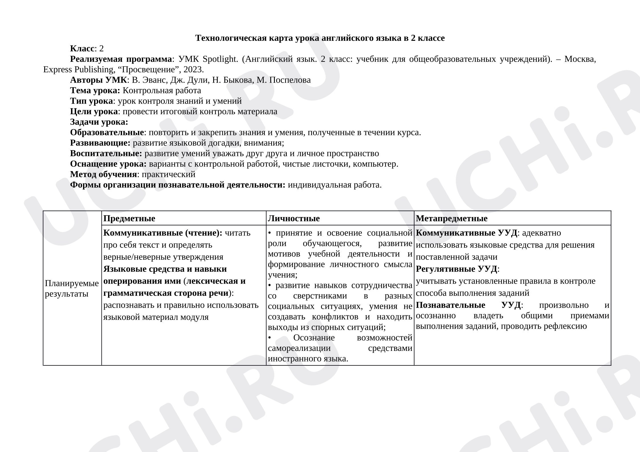 Предпросмотр материала Технологическая карта контрольного урока 2 класс