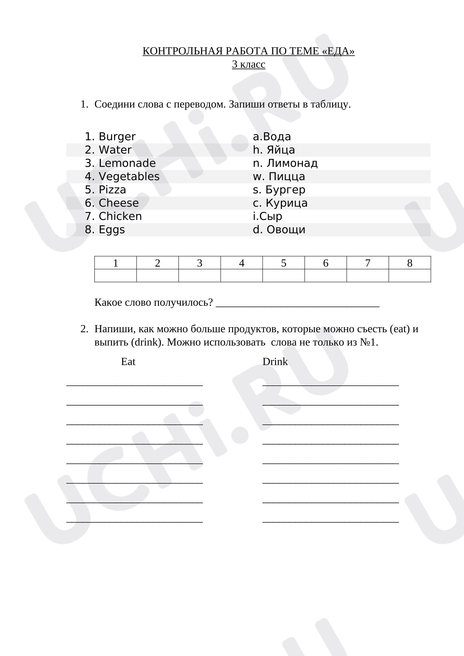 Предпросмотр материала Английский язык. Контрольная работа по теме «Еда» 3 класс