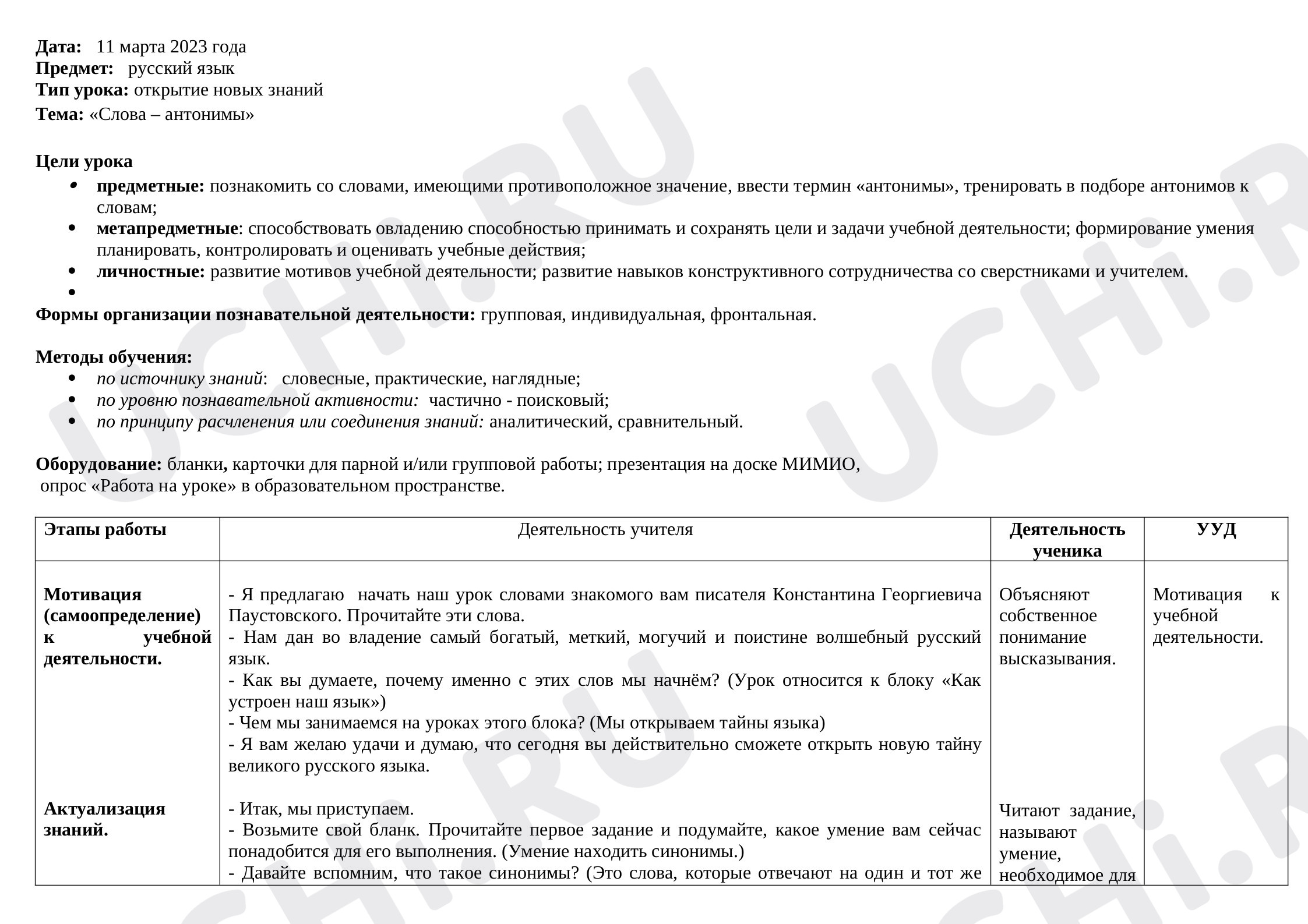 Предпросмотр материала План урока русского языка по теме: "Слова-антонимы"