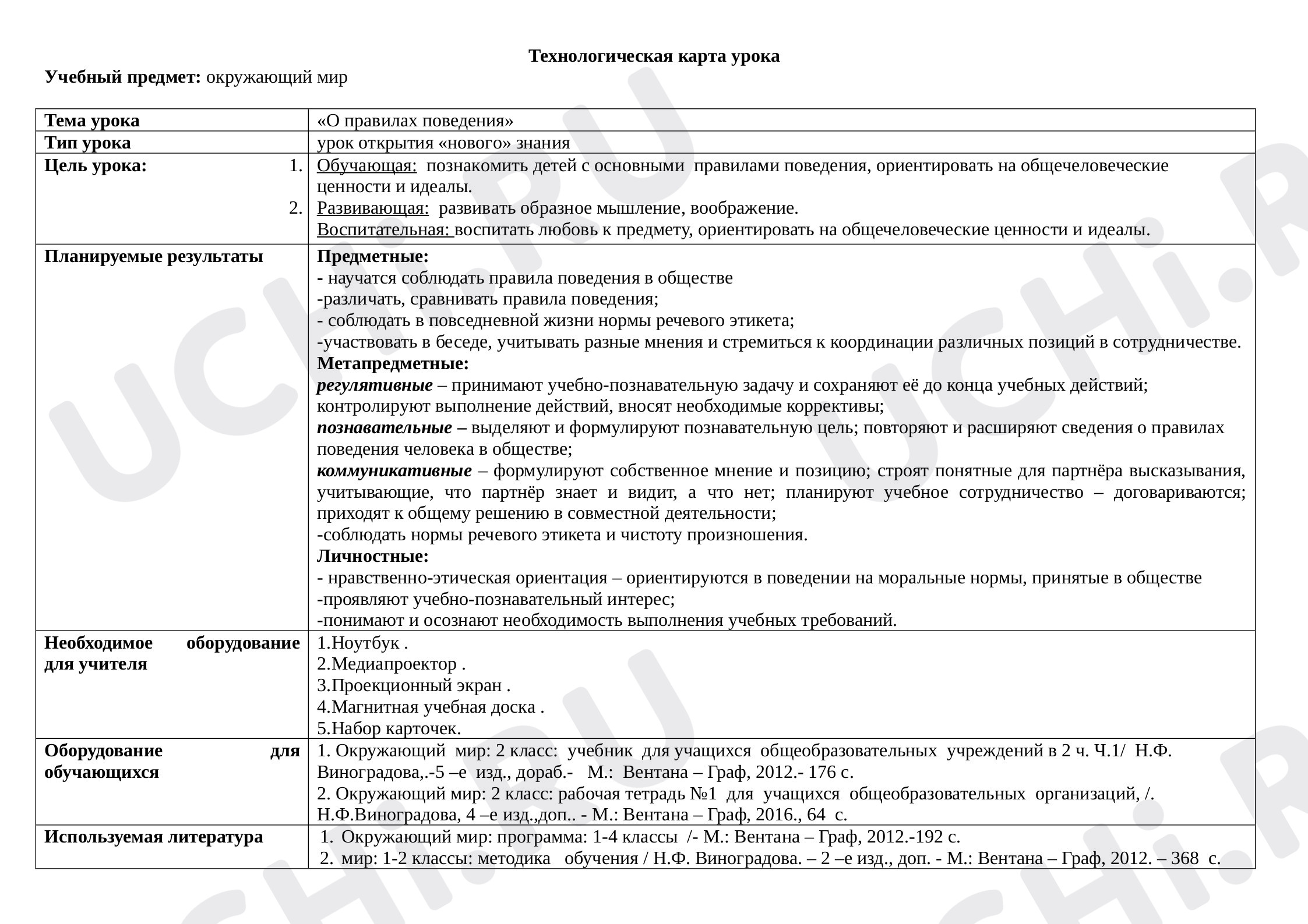 Предпросмотр материала Технологическая карта урока по окружающему миру  «О правилах поведения».