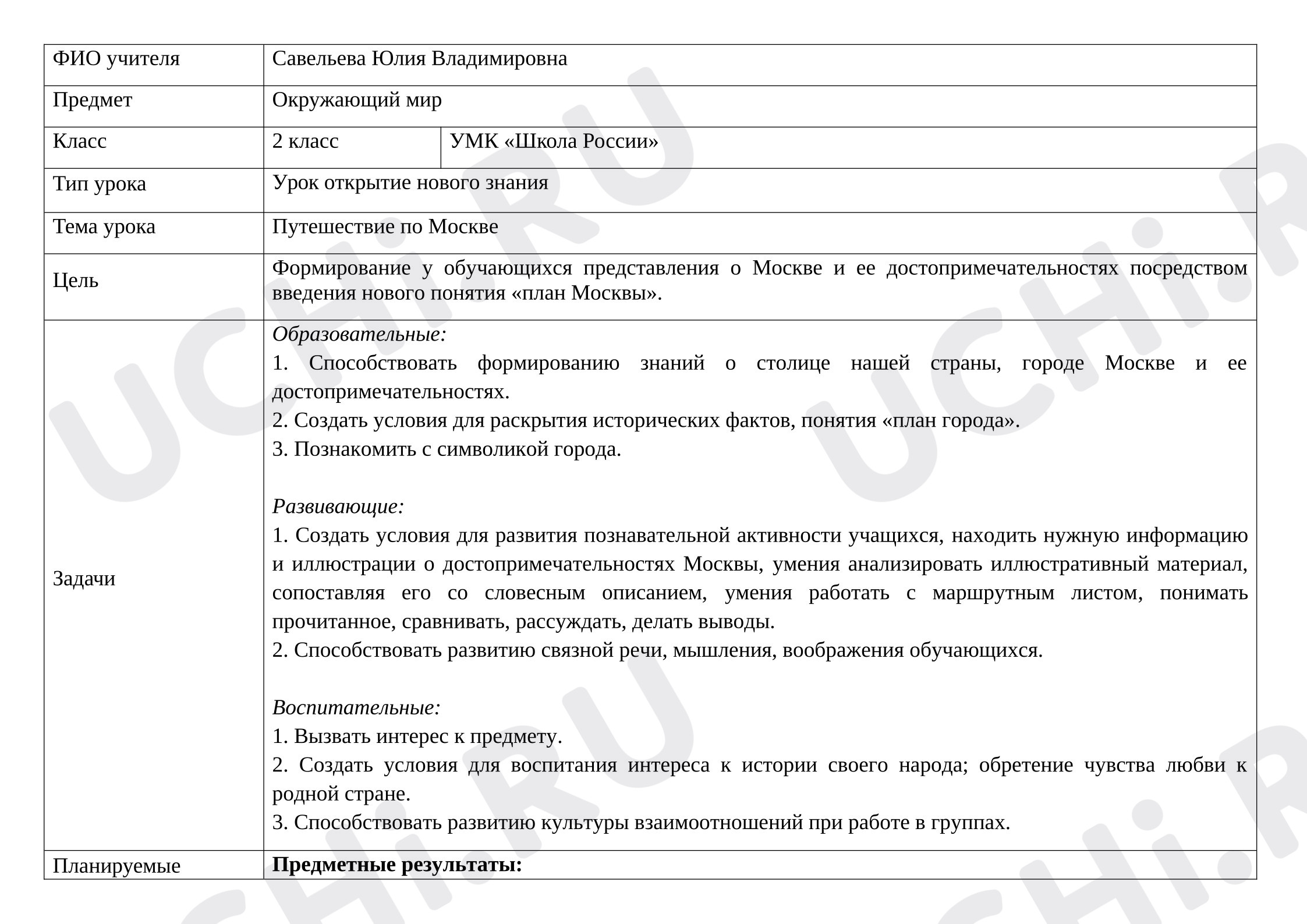 Предпросмотр материала Технологическая карта урока окружающего мира «Путешествие по Москве»