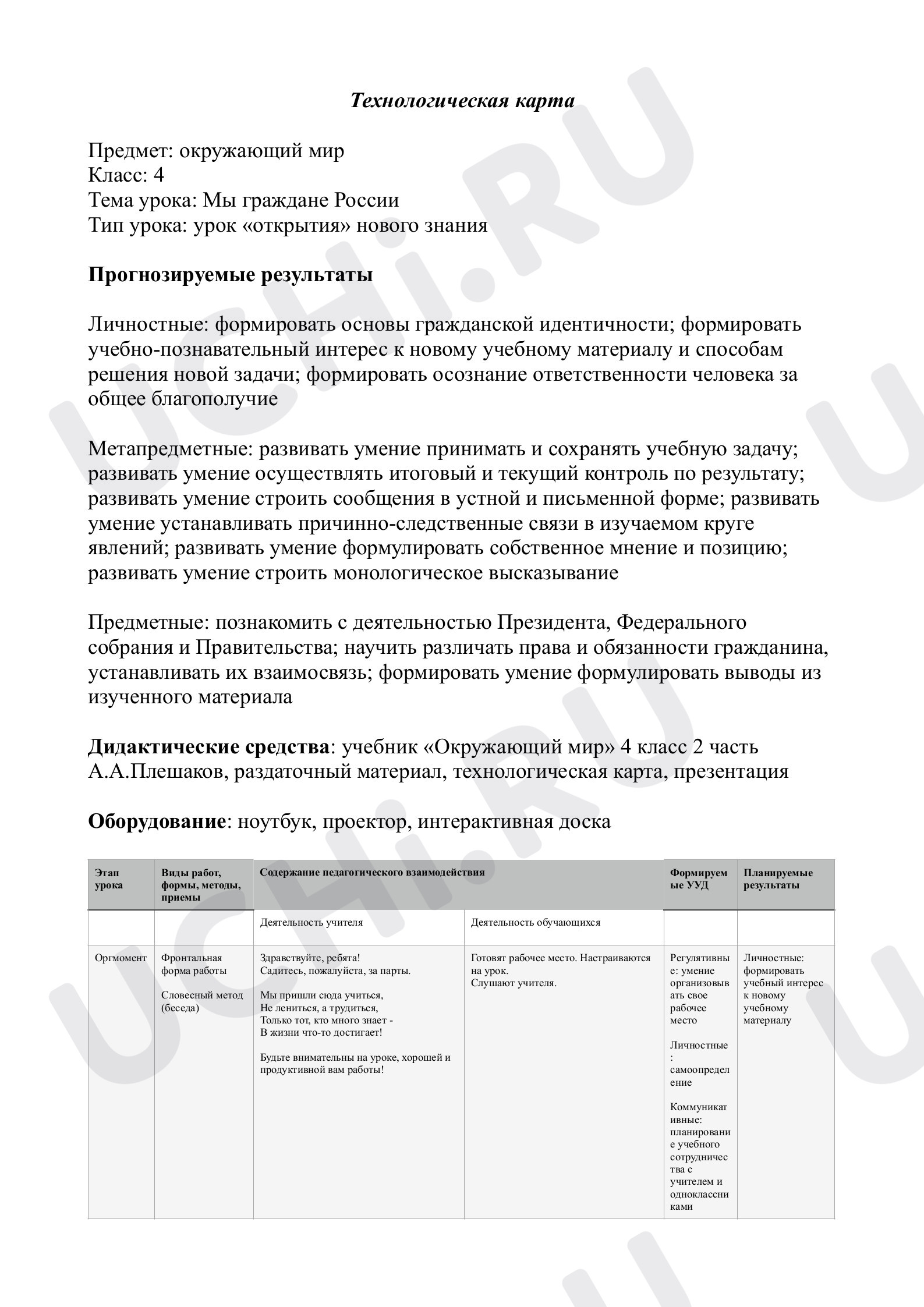 Предпросмотр материала Технологическая карта урока по окружающему миру. «Мы-граждане России».