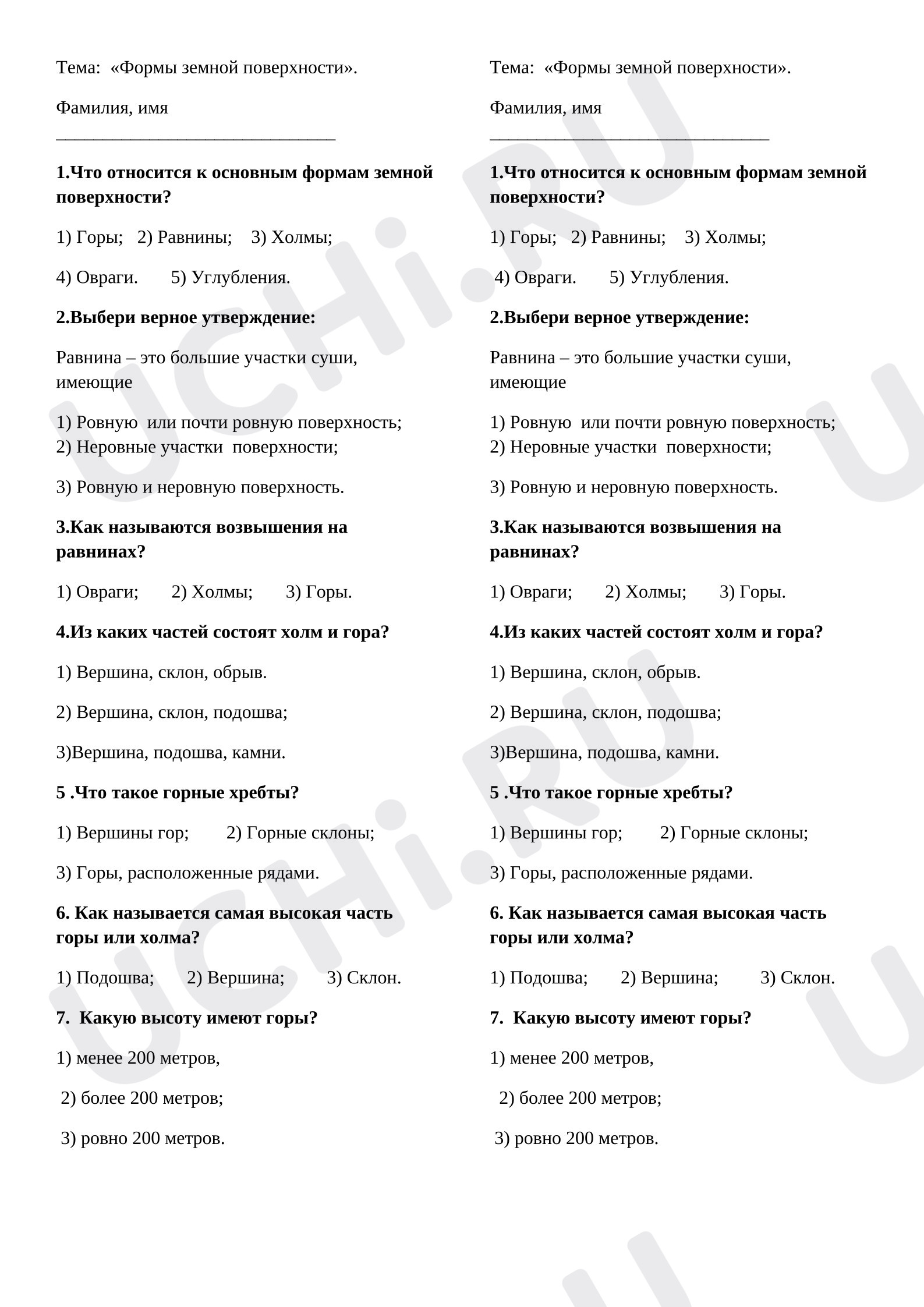 Предпросмотр материала Проверочная работа по теме «Формы земной поверхности».