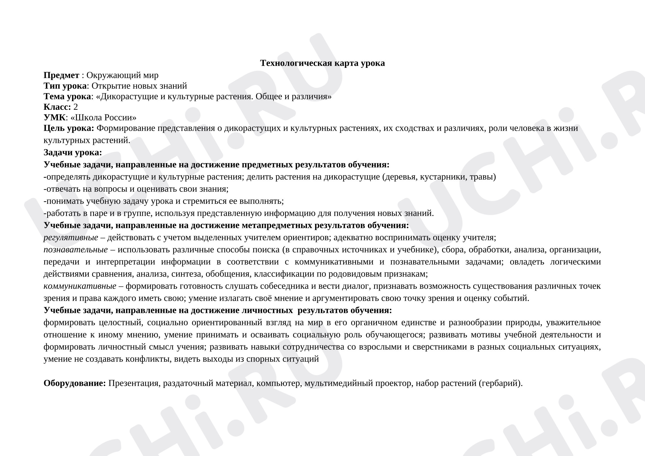 Предпросмотр материала Технологическая карта урока окружающего мира. Дикорастущие и культурные растения.