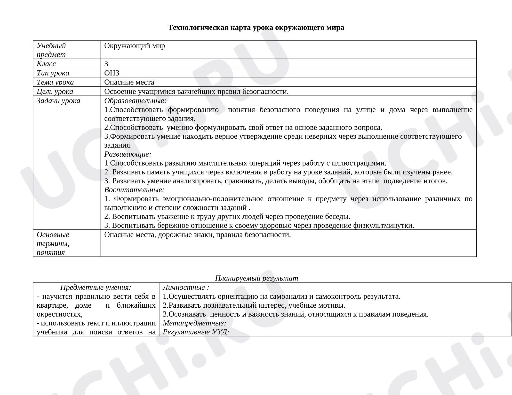 Предпросмотр материала План урока окружающего мира. Опасные места.