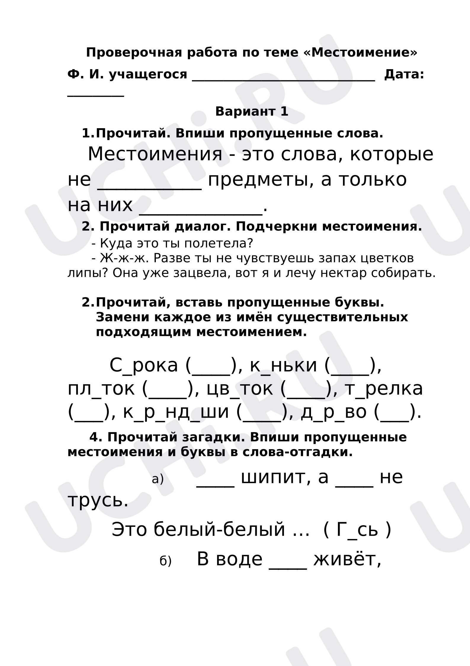 Предпросмотр материала Проверочная работа по русскому языку. Местоимение