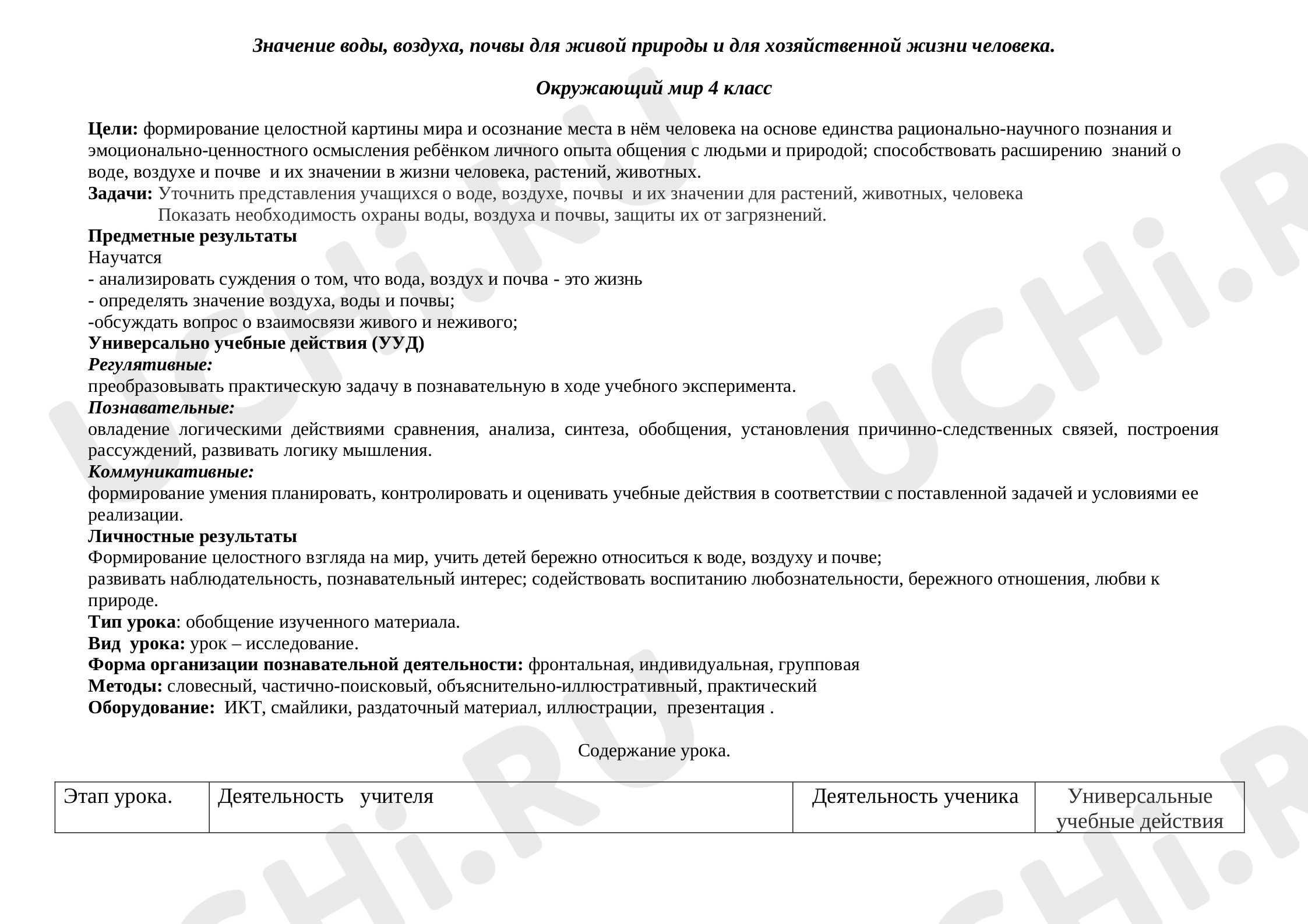 Предпросмотр материала Технологическая карта урока окружающего мира. Значение воды, воздуха, почвы для живой природы и для хозяйственной жизни человека.