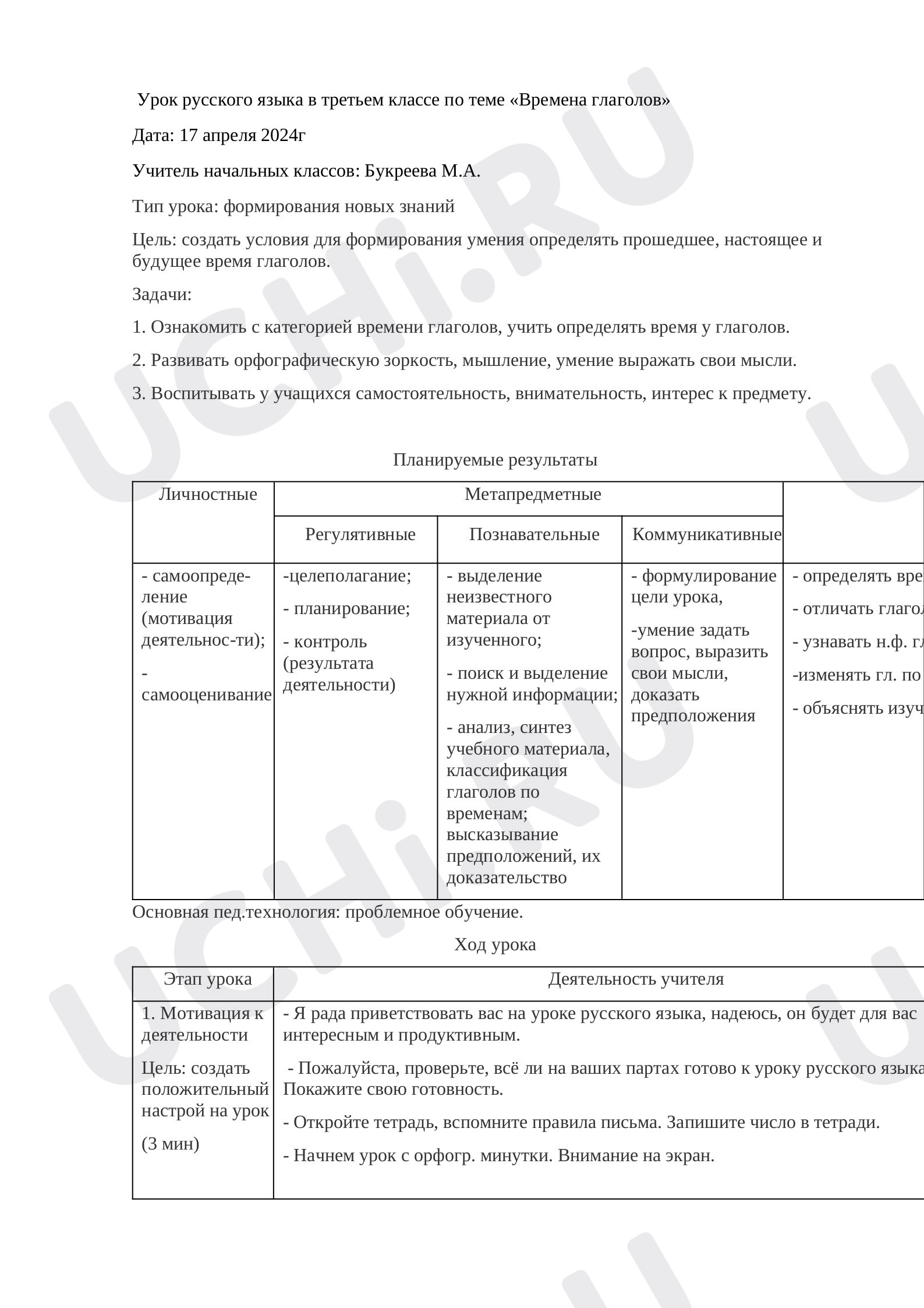 Предпросмотр материала План урока русского языка по теме: Время глаголов