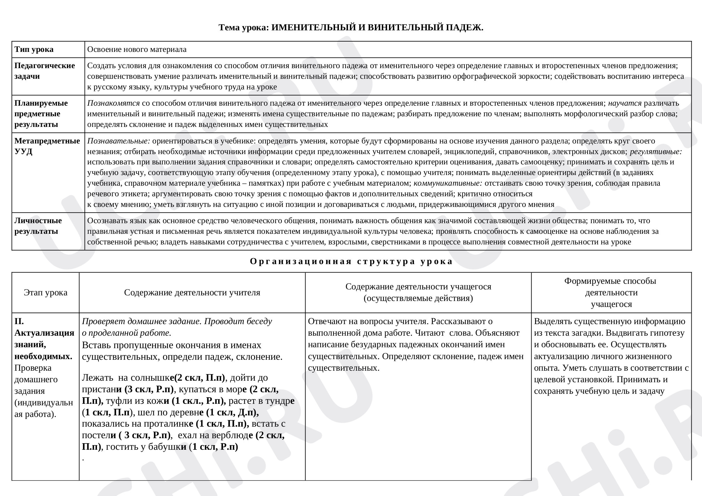 Предпросмотр материала Конспект урока по русскому языку. Именительный и винительный падеж.
