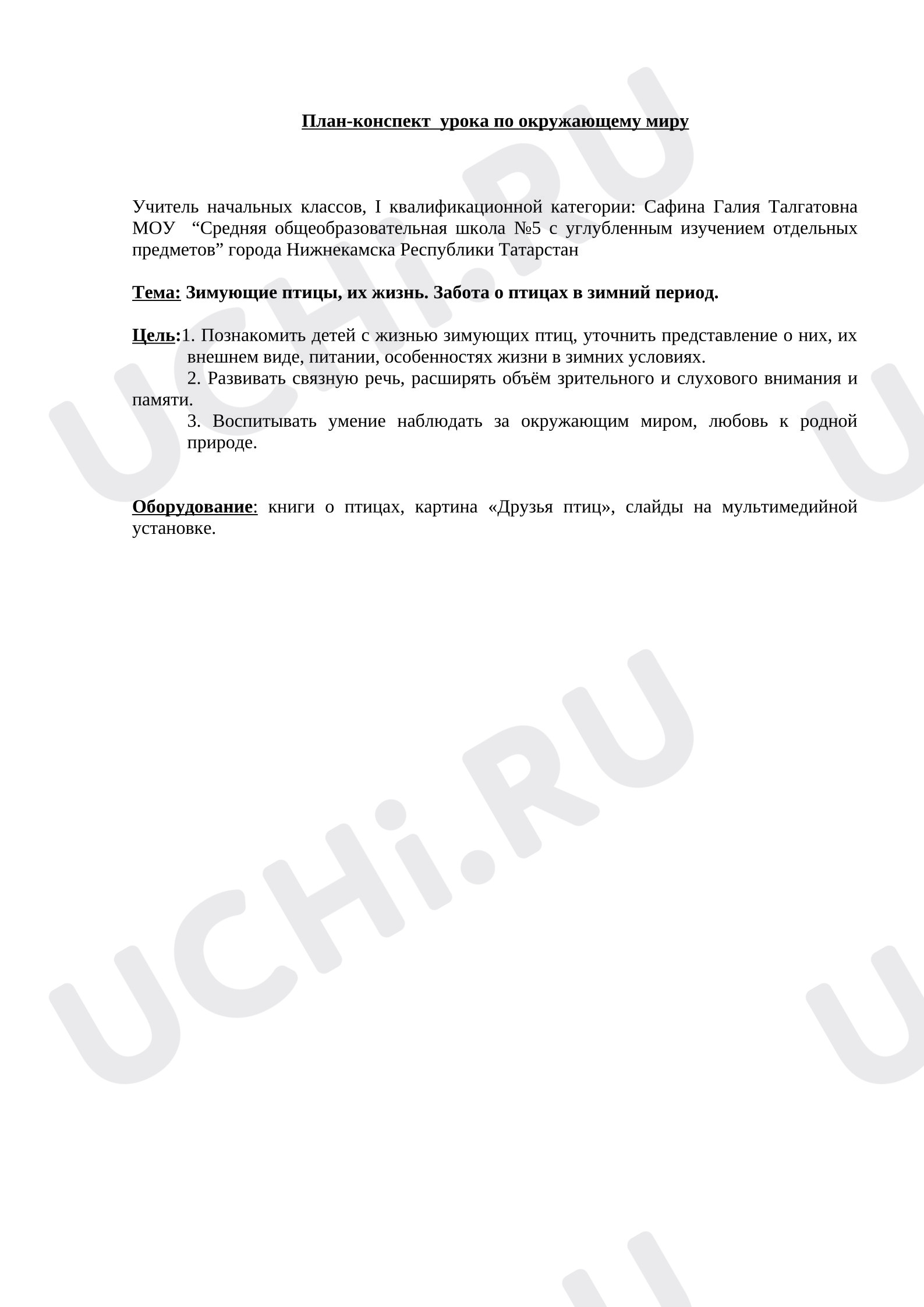 Предпросмотр материала План урока окружающего мира. Зимующие птицы