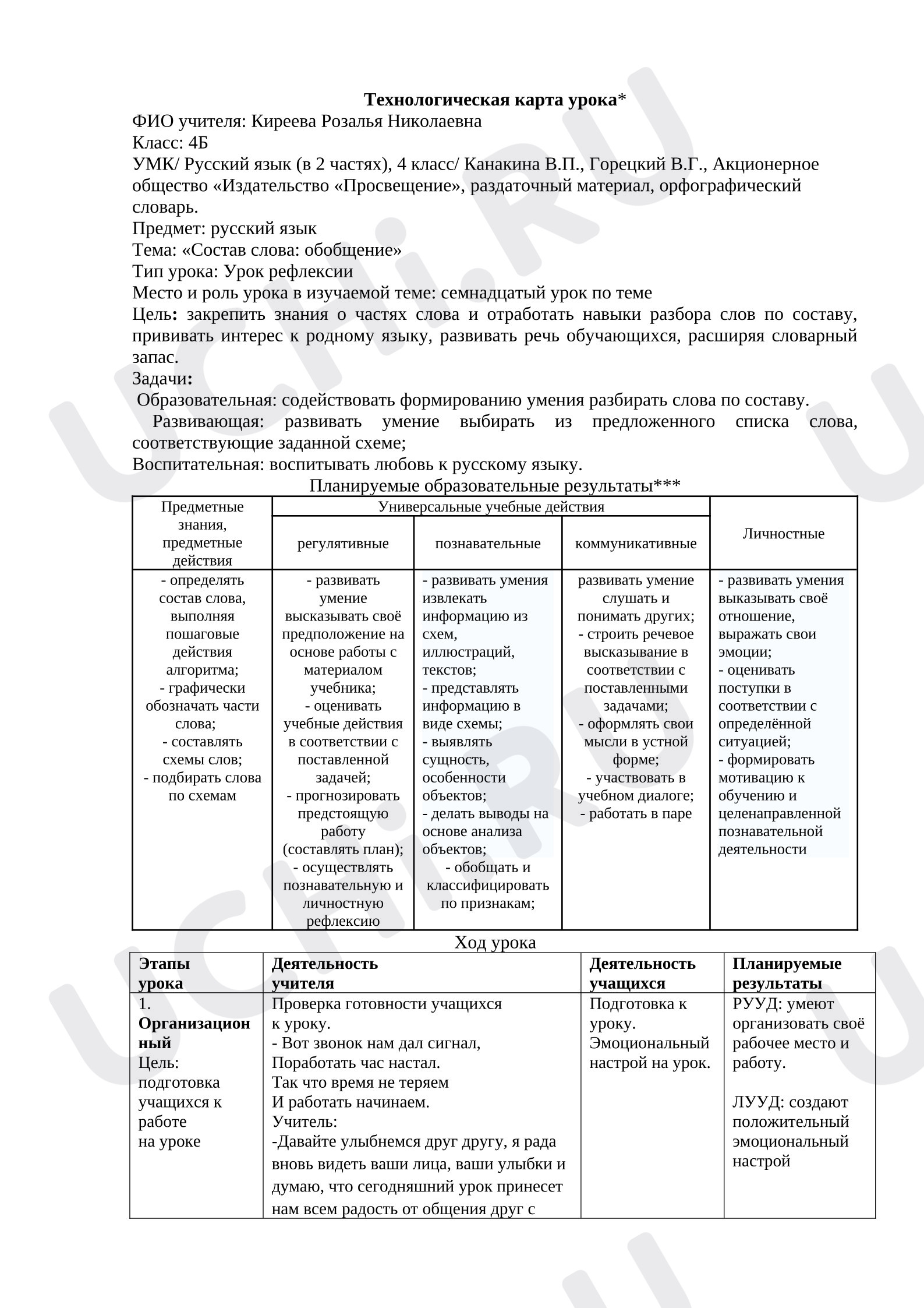 Предпросмотр материала План урока русского языка по теме: "Состав слова"