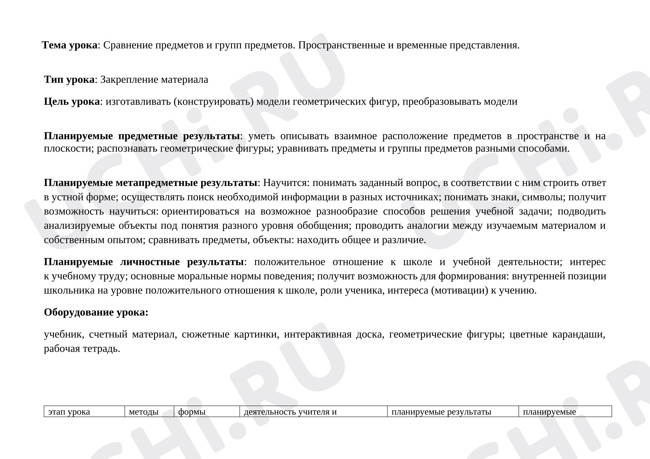 Предпросмотр материала План урока математики. Сравнение предметов и групп предметов. Пространственные и временные представления.