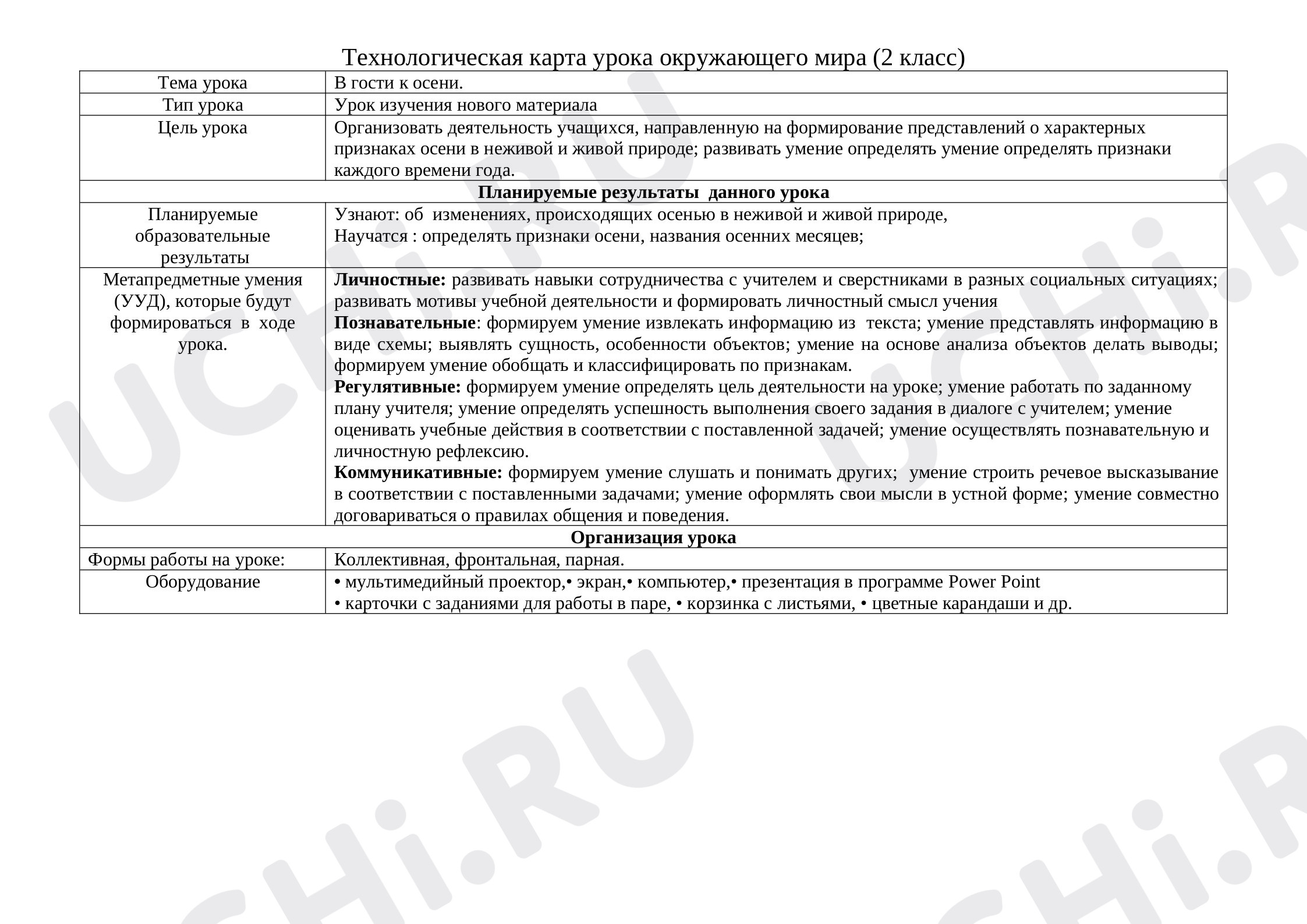 Предпросмотр материала План урока по окружающему миру во 2 классе по теме: "В гости к осени".