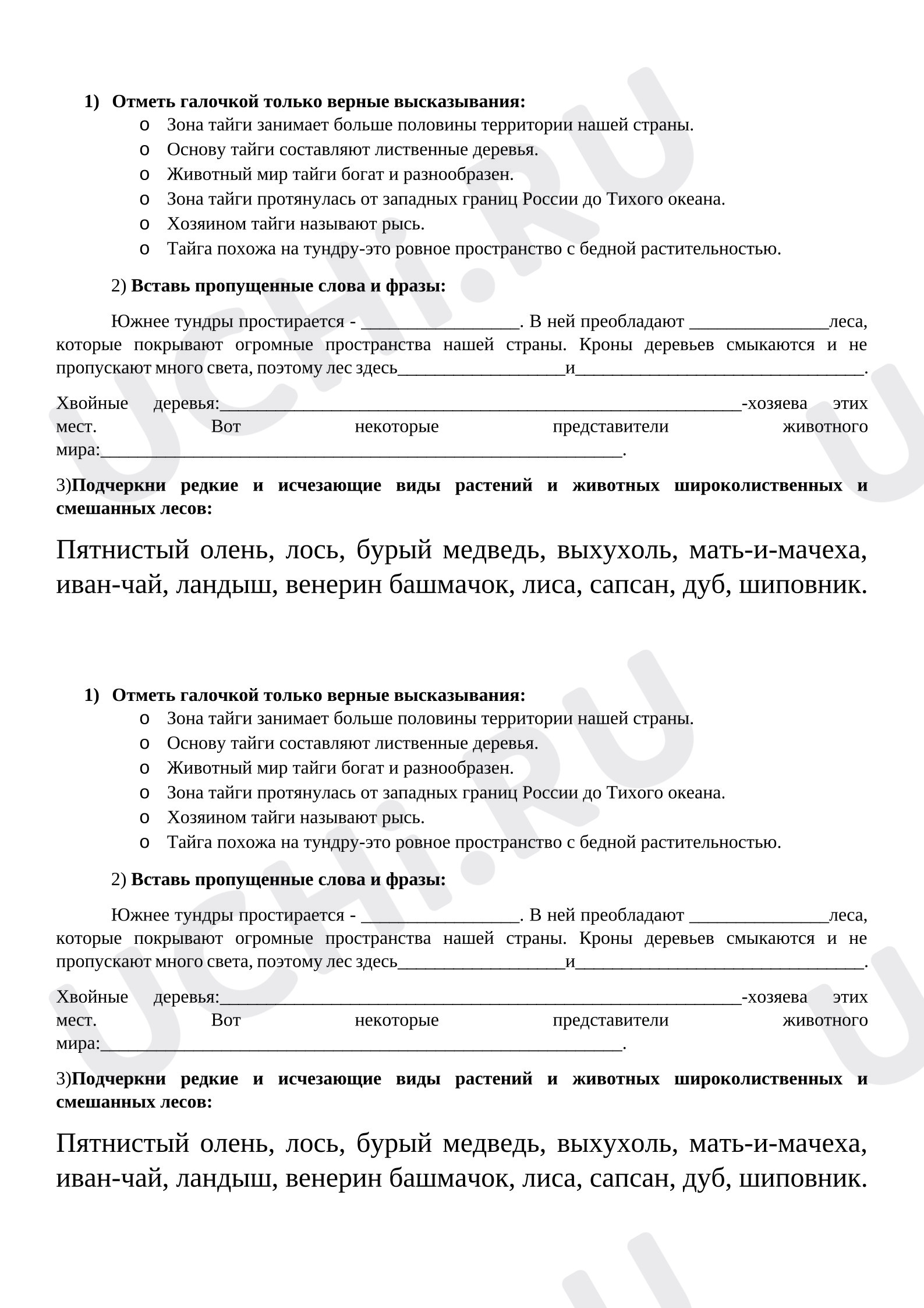 Предпросмотр материала Проверочная работа к уроку окружающего мира «Лесная зона России».
