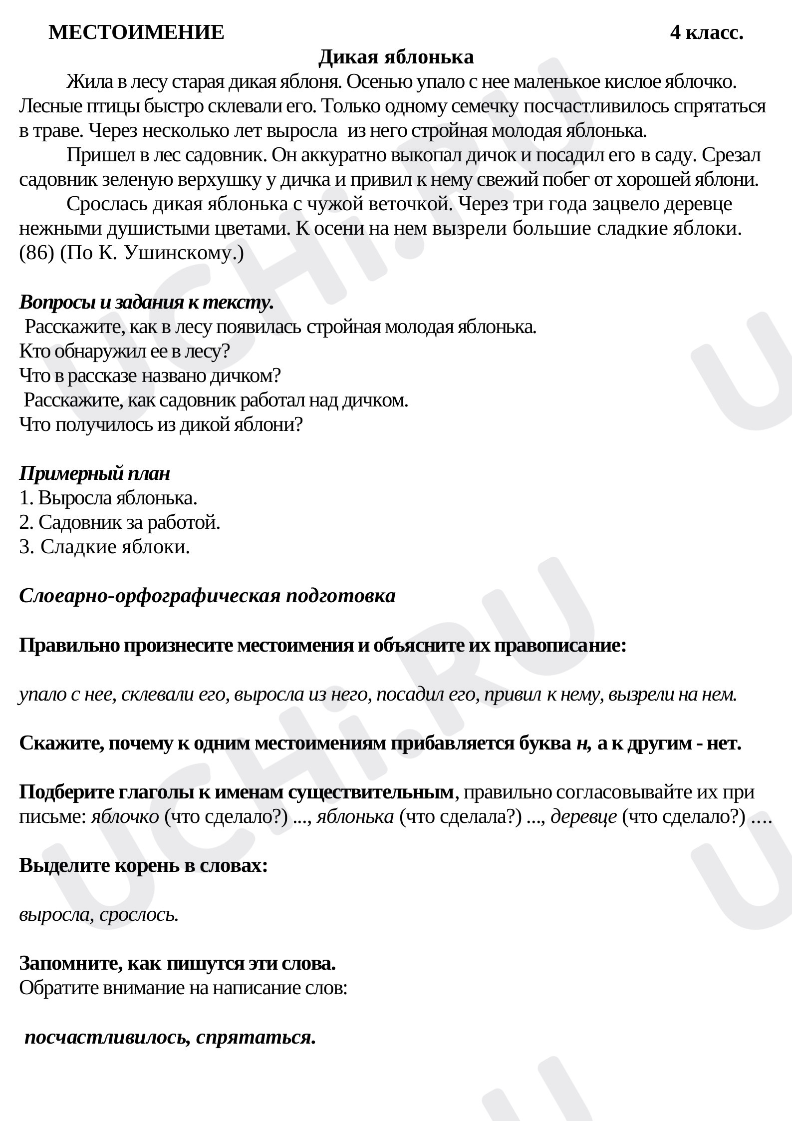 Предпросмотр материала Рабочий лист по теме: Изложение "Дикая яблонька"