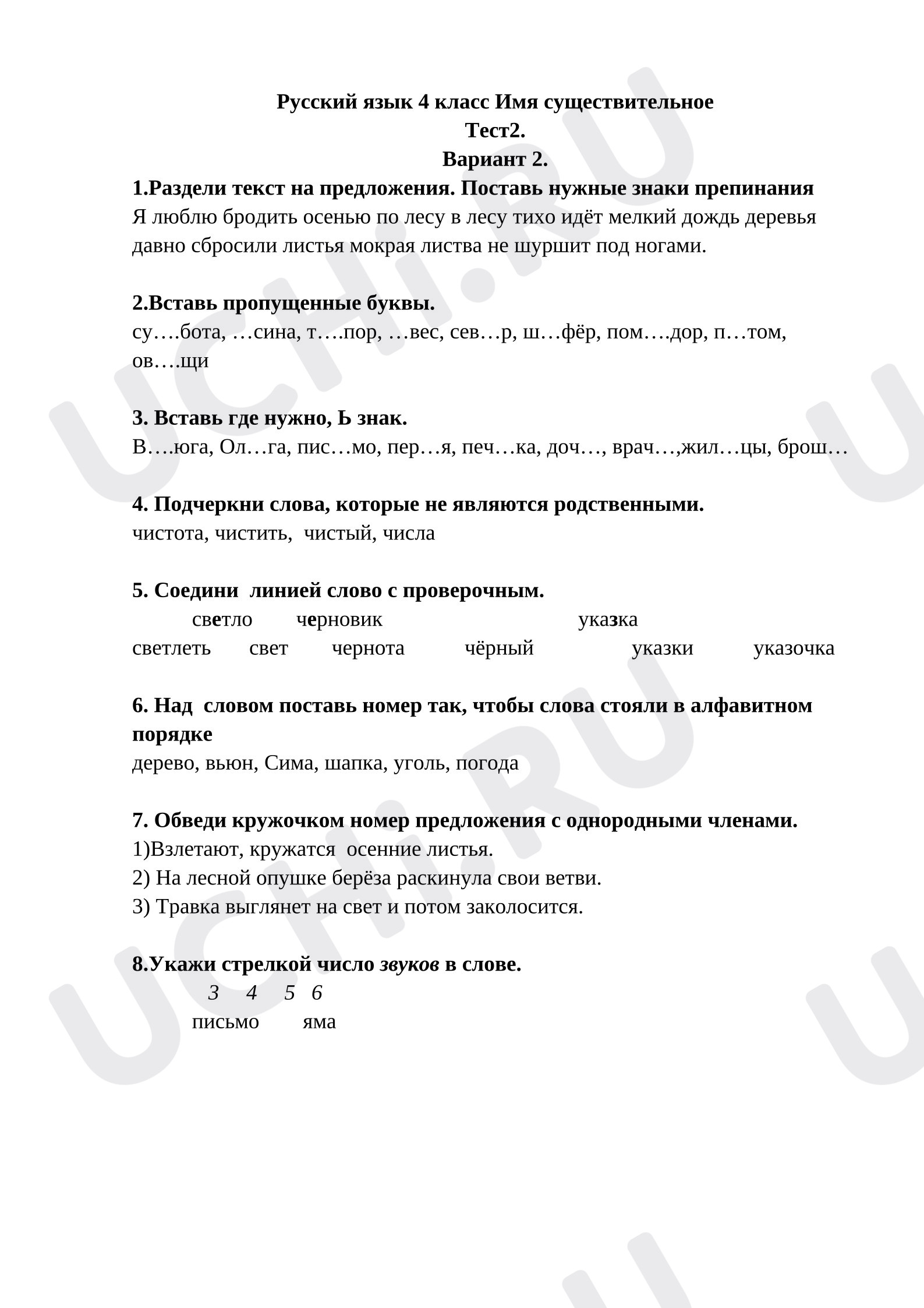 Предпросмотр материала Русский язык 4 класс Имя существительное повторение  Тест 2.  Вариант 2.