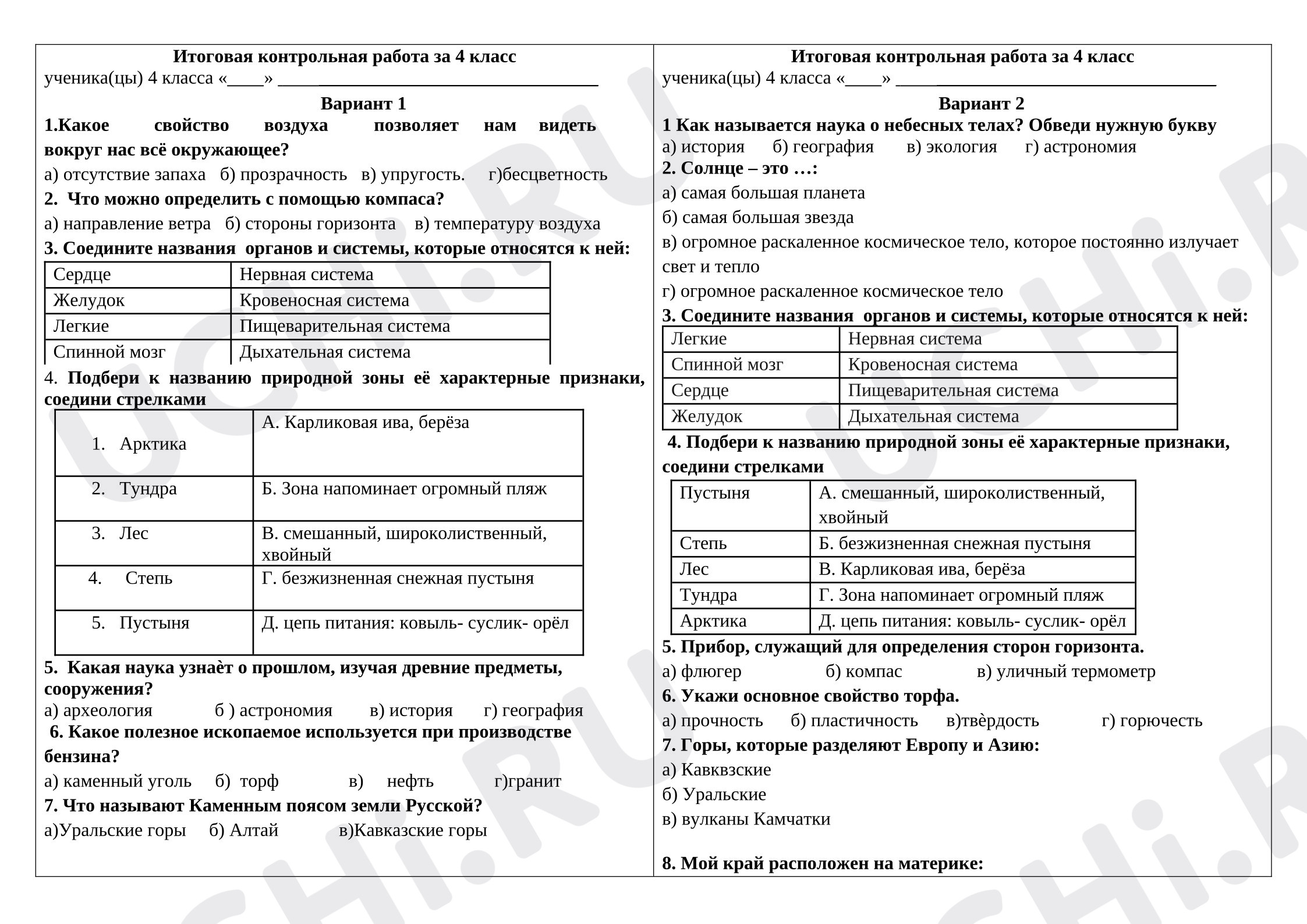 Предпросмотр материала Годовая контрольная работа по окружающему миру в 4 классе