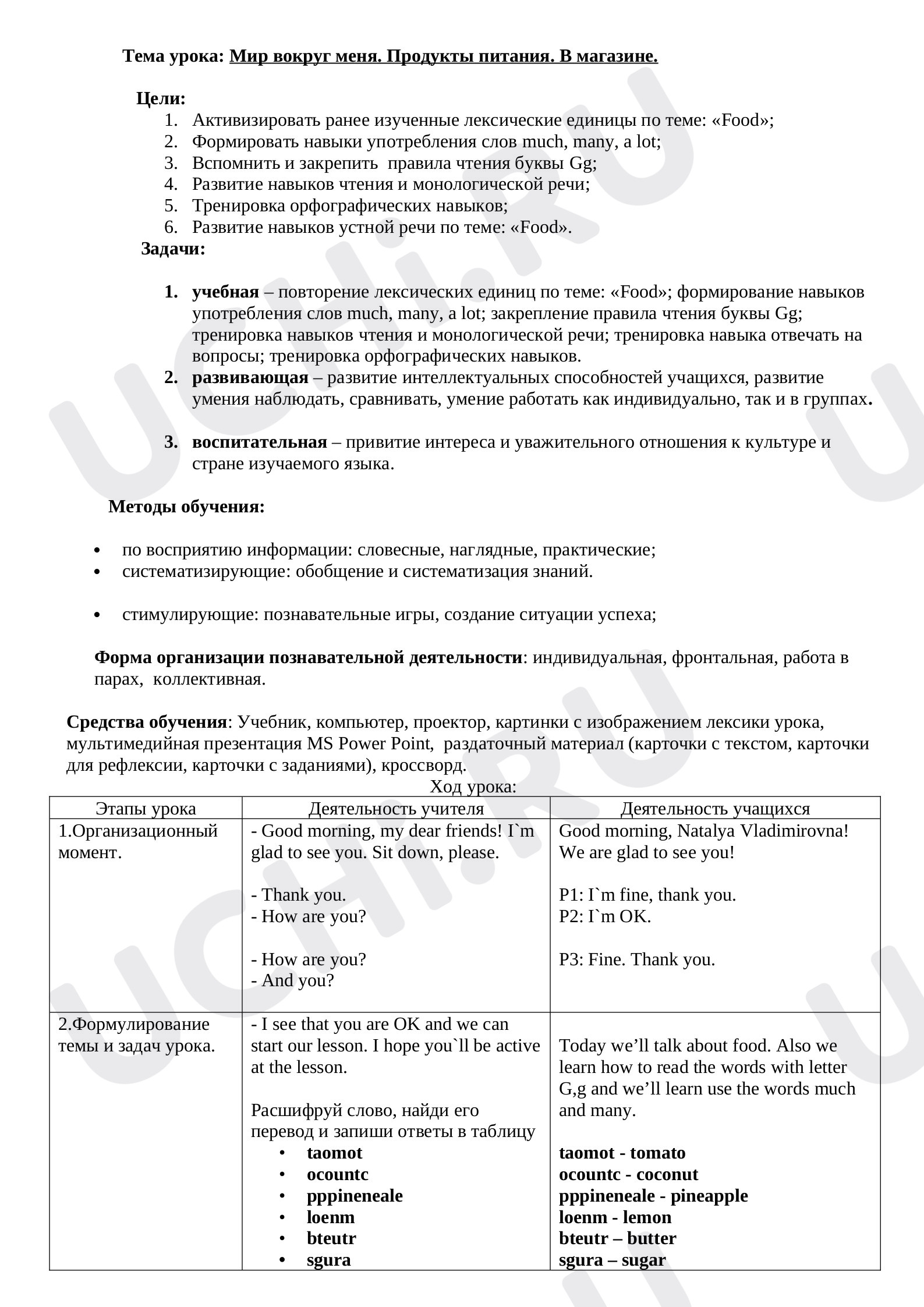 Предпросмотр материала Конспект урока по английскому языку