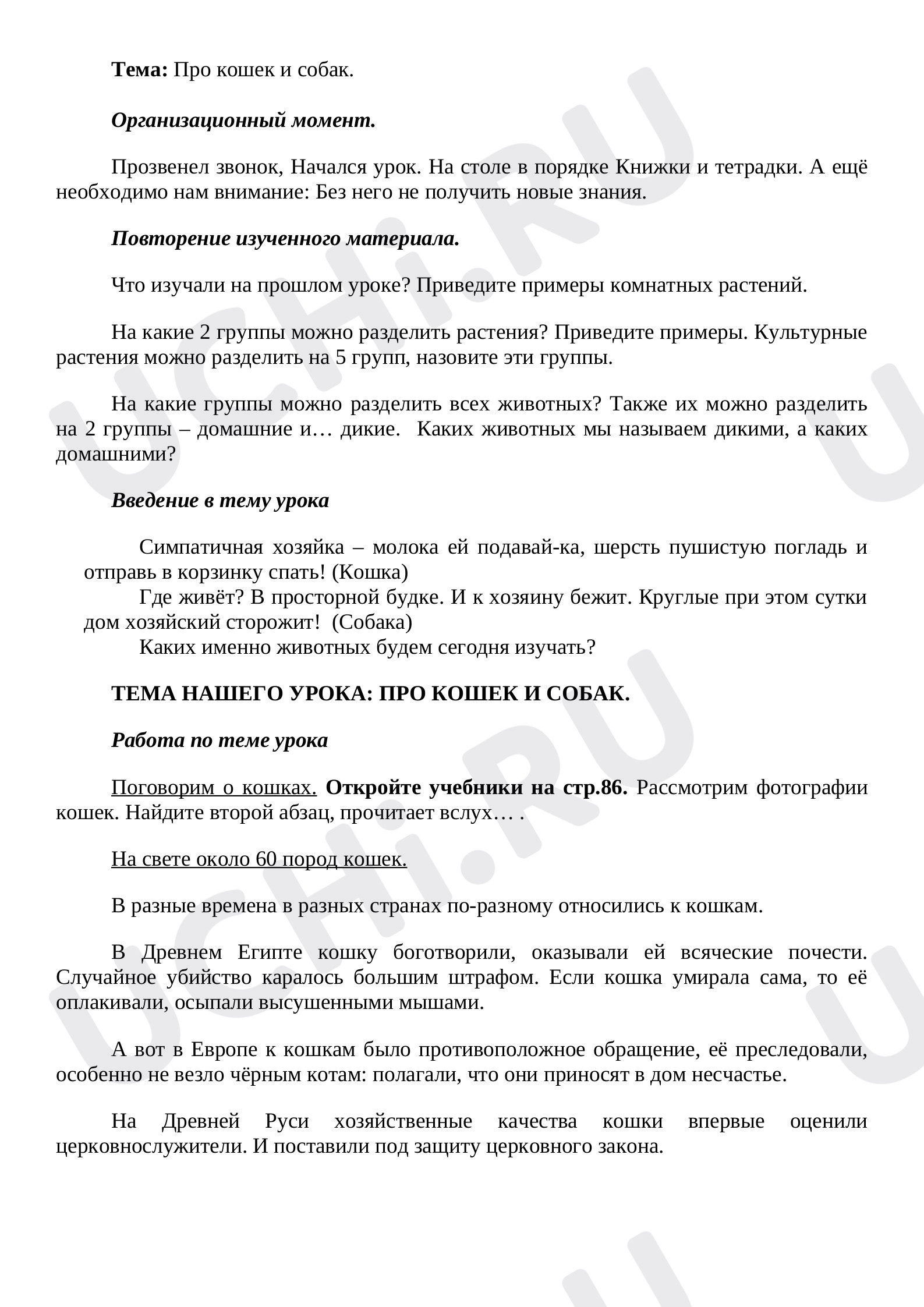 Предпросмотр материала План урока окружающего мира по теме: Про кошек и собак_ (2 класс)