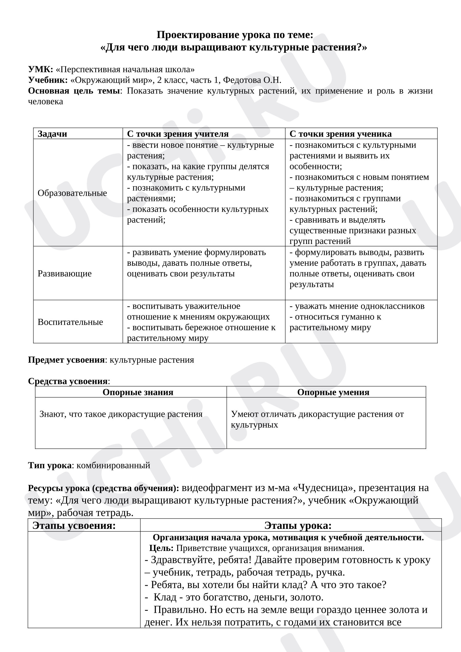 Предпросмотр материала План урока окружающего мира. Культурные растения.