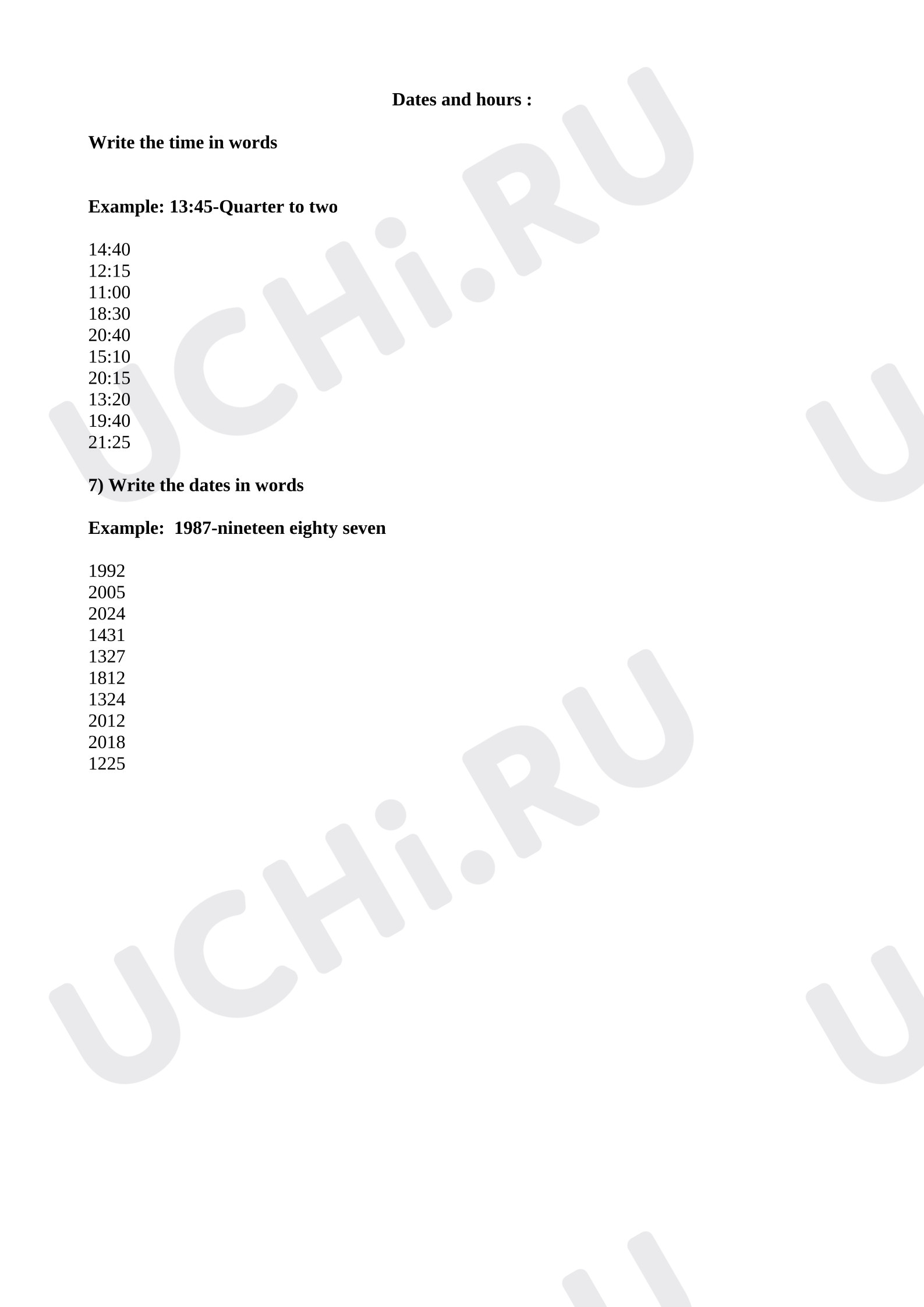 Предпросмотр материала Английский язык. Рабочие листы к уроку. Dates and Hours.
