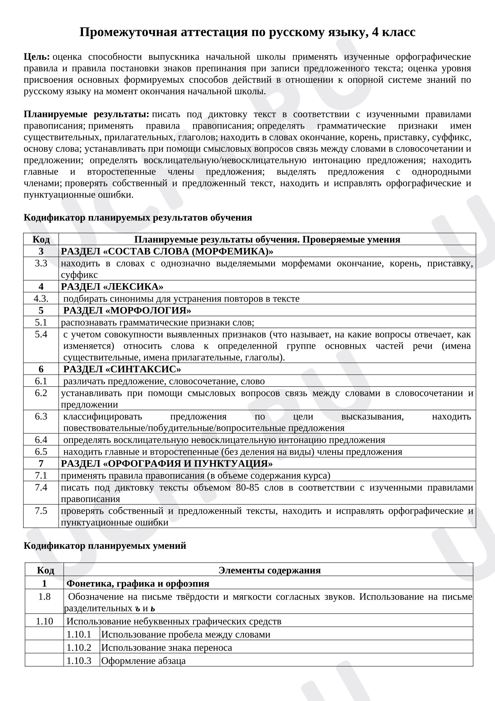 Предпросмотр материала Промежуточная аттестация по русскому языку за 4 класс