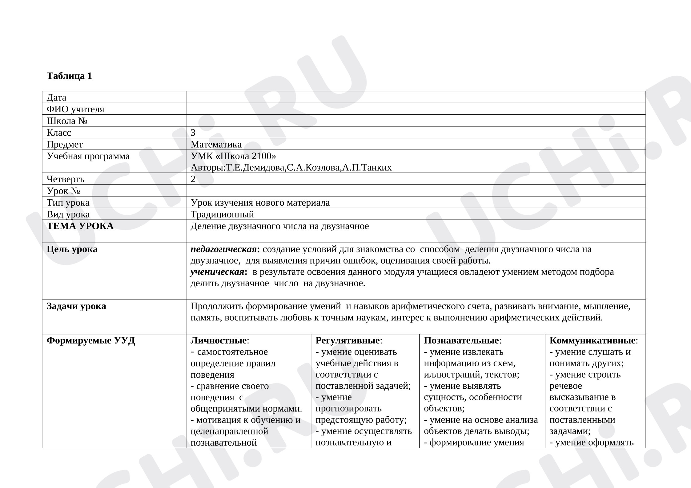 Предпросмотр материала План конспект урока математики «Деление двузначного числа на двузначное»