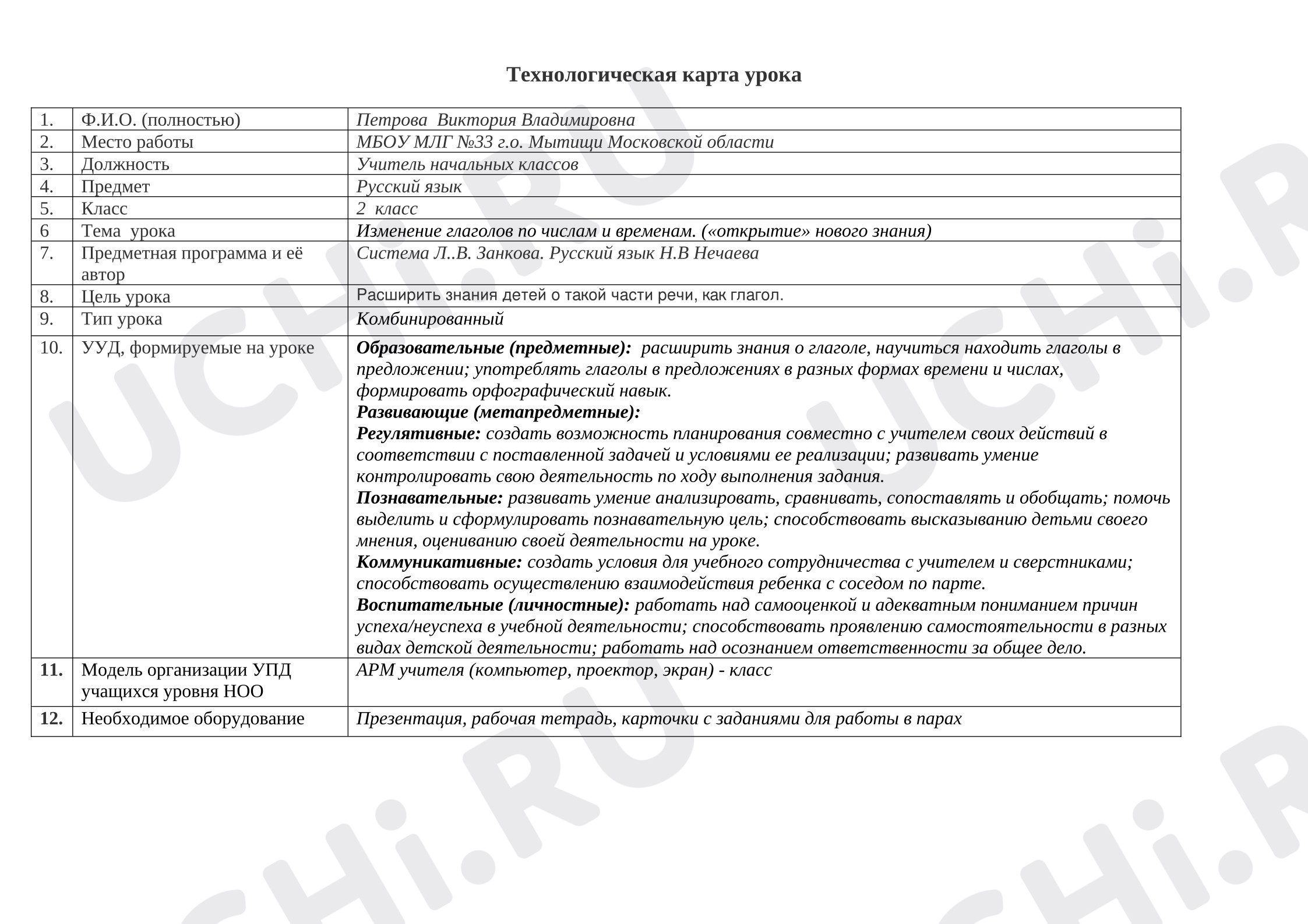 Предпросмотр материала Технологическая карта урока русского языка. Изменение глаголов по числам и временам
