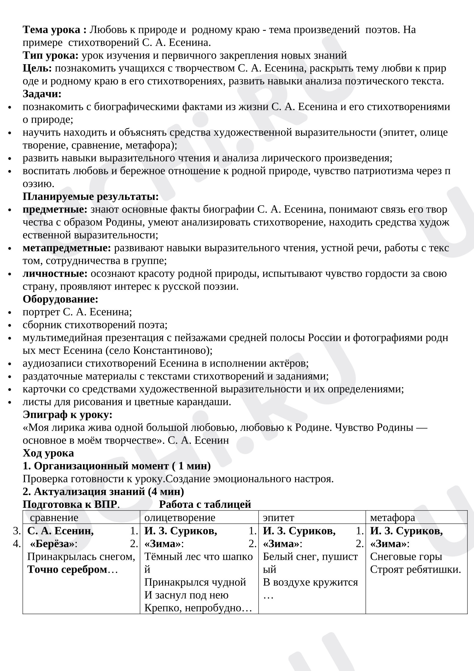 Предпросмотр материала Конспект урока литературного чтения. Любовь к природе и  родному краю - тема произведений  поэтов. На  примере  стихотворений С. А. Есенина.