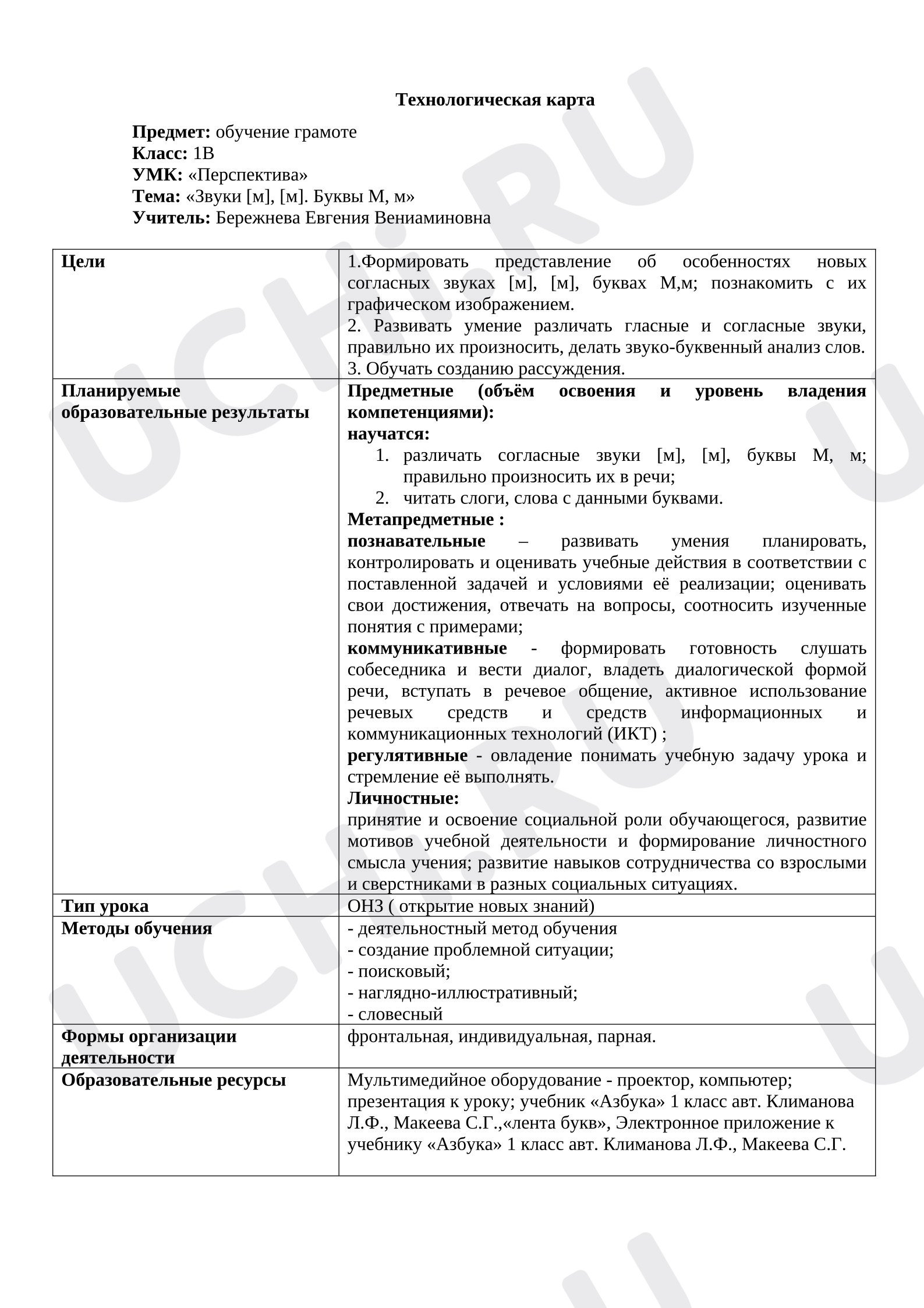Предпросмотр материала План урока обучение грамоте «Звуки [м], [м]. Буквы М, м»