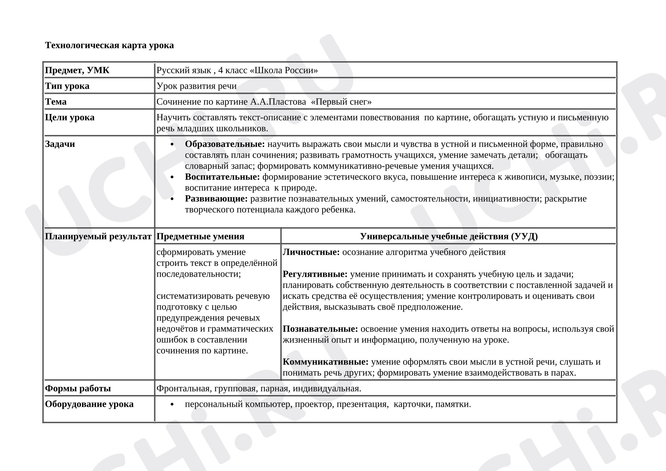 Предпросмотр материала План урока русского языка. Сочинение по картине «Первый снег».