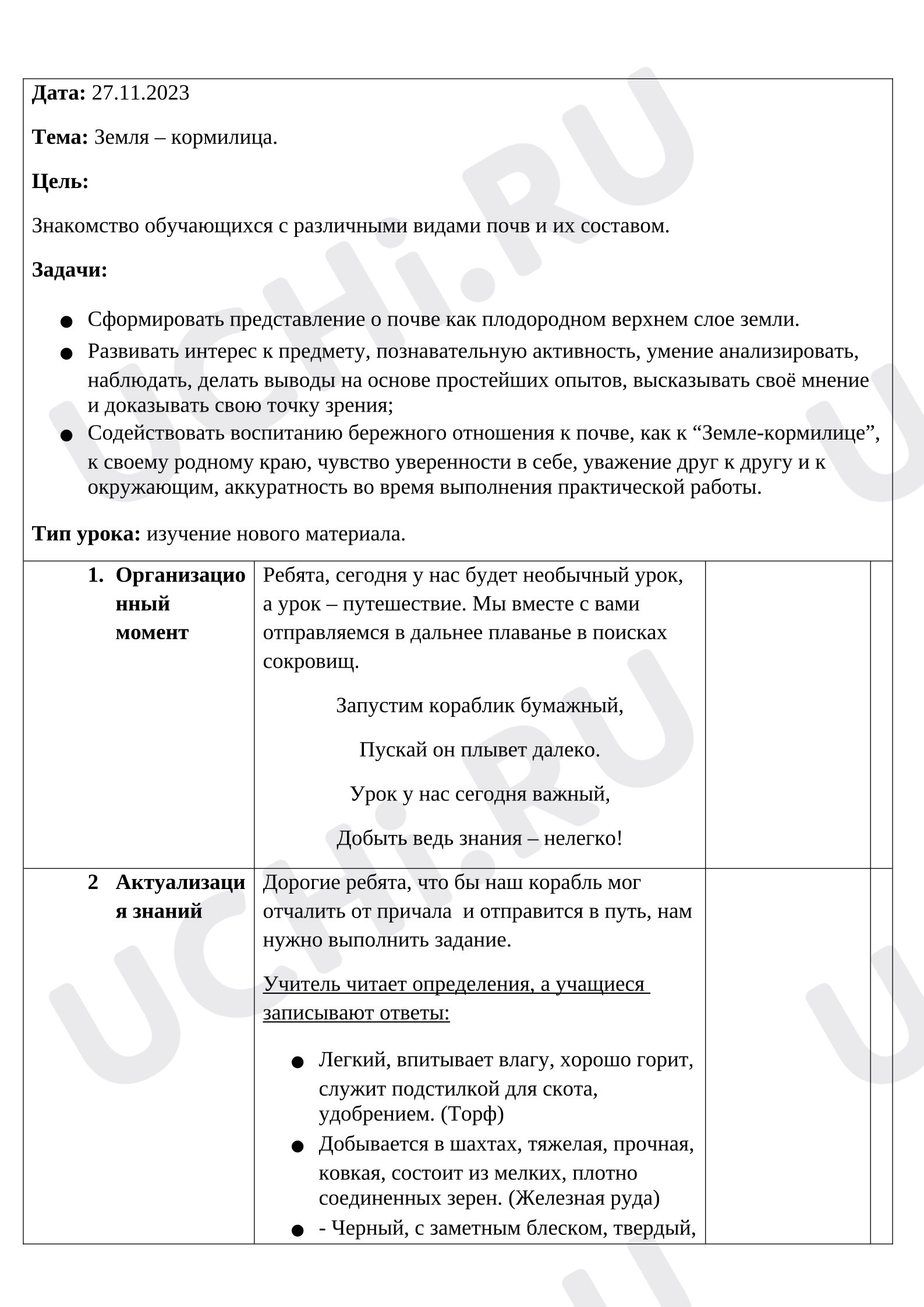 Предпросмотр материала План урока окружающего мира. Земля-кормилица.
