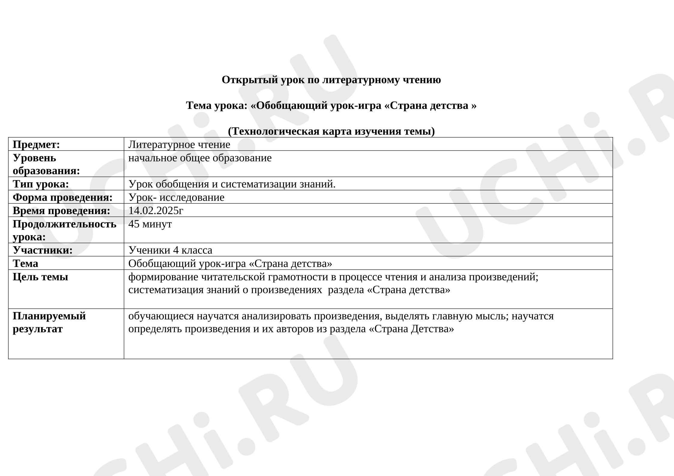 Предпросмотр материала Технологическая карта урока литературного чтения из раздела «Страна Детства».