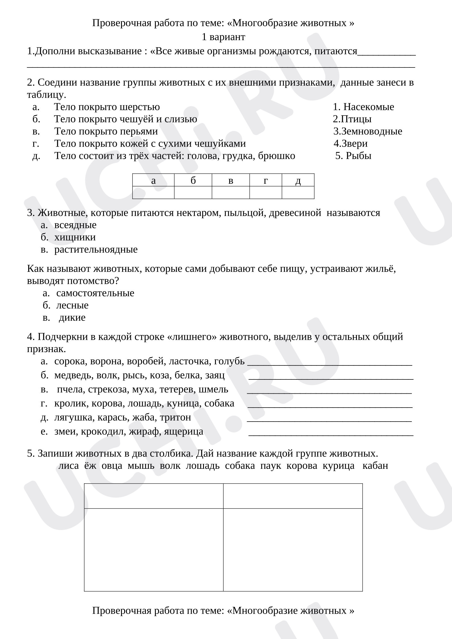 Предпросмотр материала Проверочная работа к уроку окружающего мира по теме: «Многообразие животных»