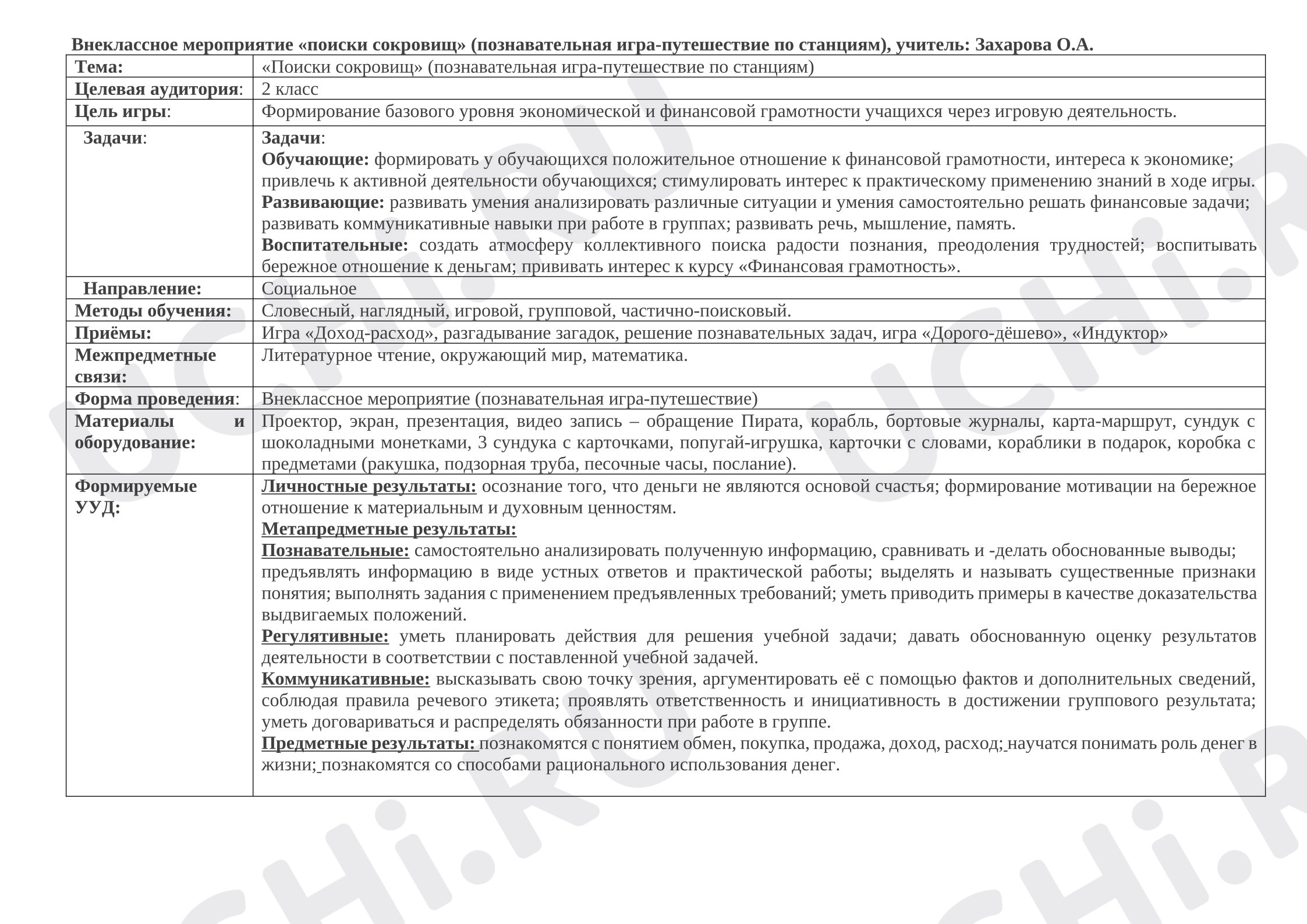 Предпросмотр материала План занятия. Внеклассное мероприятие «Поиски сокровищ»