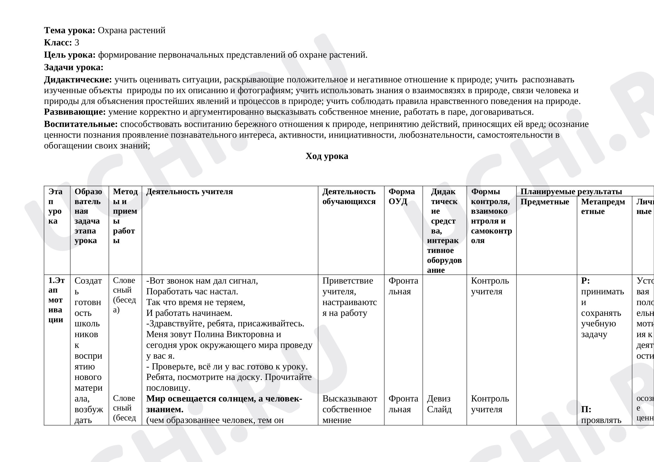 Предпросмотр материала План урока по окружающему миру. Охрана растений.